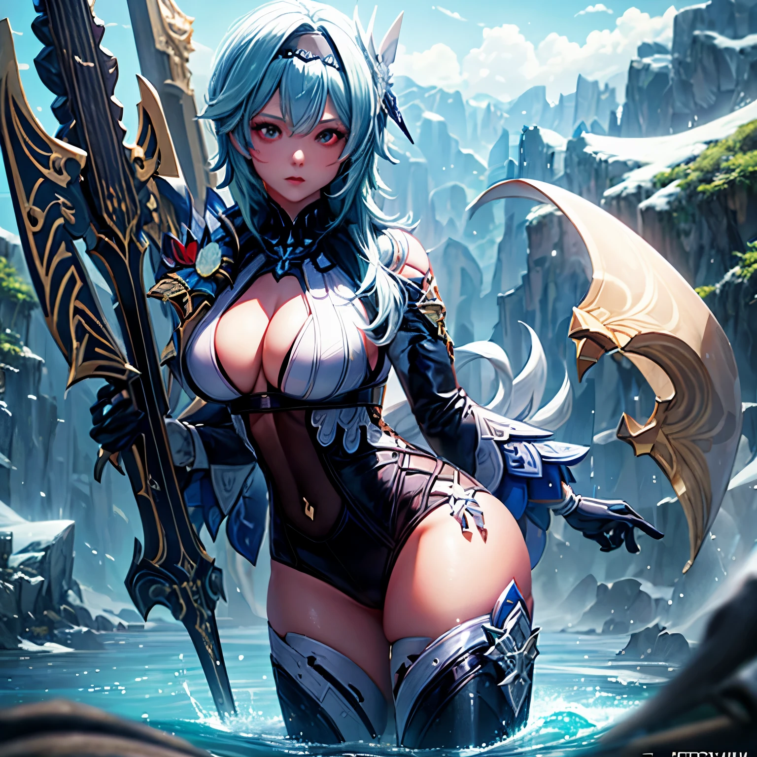 Eula, genshin impact,sexy, black bikini, bunda grande,coxas grande e amostras e seios grandes,best Quality, Masterpiece, Ultra High Resolution, (Realism: 1.4), Original Photo, 1Girl,Cinematic Lighting,
