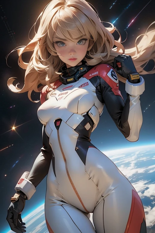 sandy hair fit body large breasts slender thighs slender waist pilot suit solo looking at viewer in space long hair blushing determination, 8k, extreme detail,