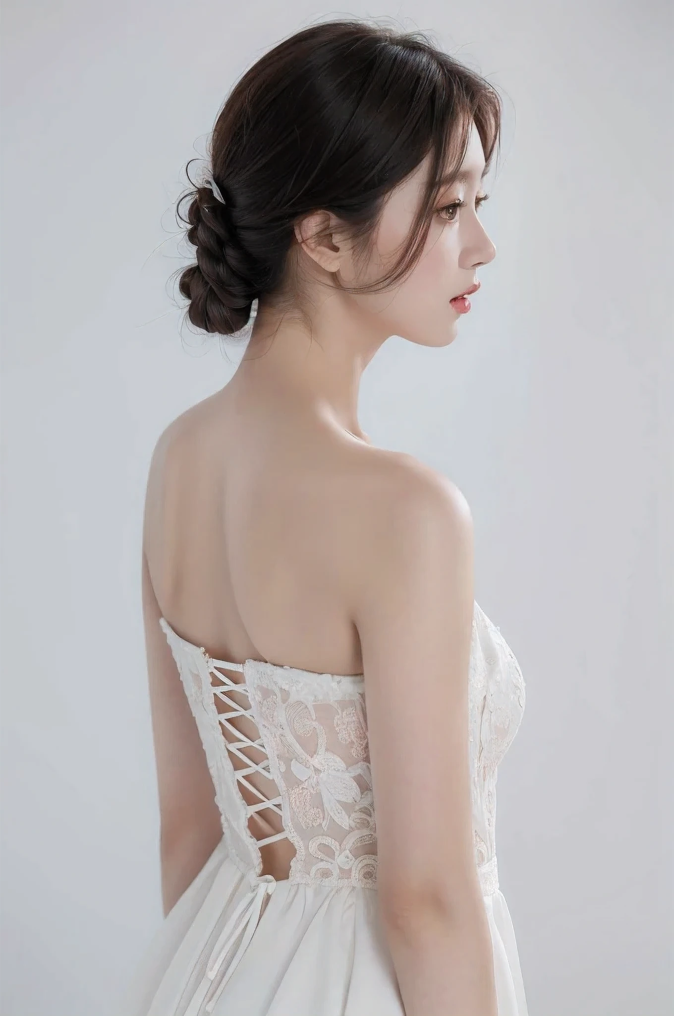 woman in white dress wearing white dress, Korean Girl, very beautiful face, (Photo Photorealistic:1.4),(Masterpiece, 4k, Best Quality, The ultra-detailliert),studio shoot,pictorial,photography,photorealistic eyes, Ultra-detailed face, Detailed lips, Normal hands, Glossy Lips, Glossy face, Simple background