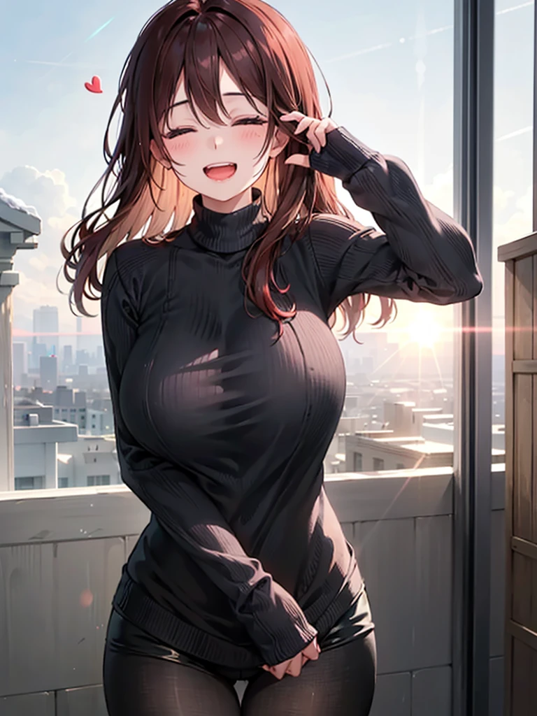 girl with、cosy sweater on、The upper part of the body、(Huge laughter:1.1)、(Opening Mouth:1.1)、(widely opened eyes:1.2)、Sun glare、bokeh dof、Depth of Field Background、Particles of light、heavy wind、(Heart particles:1.1)、Priestess costume、redhair、Black tight clothes