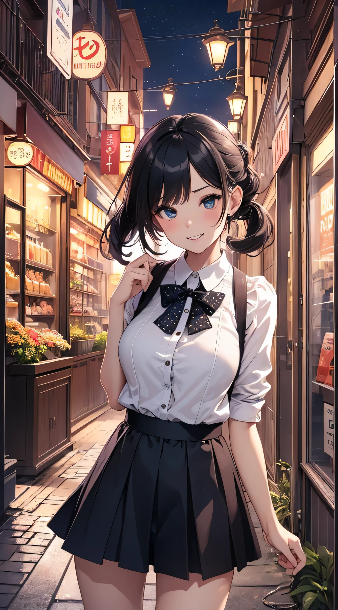top-quality、Top image quality、masterpiece、s girl((18year old、 Ager、Best Bust、Medium bust,wide open breast tea、light blue eyerest, bionde、poneyTail、A slender,black see-through rack shirt、Black skirt、Best Pose、The best smile、Laugh、Show cleavage)),hiquality、Beautiful Art、Background with((jpn、Night World、Neon Street、In front of the shop)),masutepiece、depth of fields、movie、visualart、Perfect Art