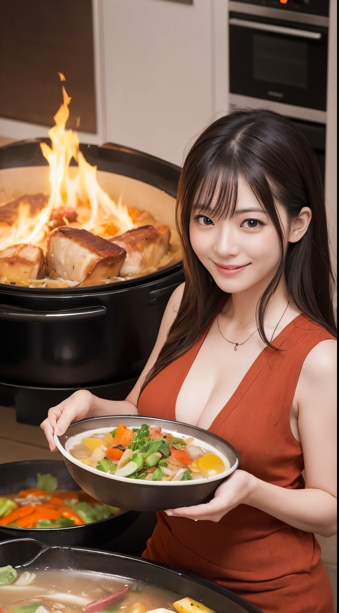 Cowboy shot, white skin, (masterpiece: 1.4), (best quality: 1.4), beautiful girl, ((nipples: 1.1)), cute smile: 1.2, teeth, ((big breasts)), ((model body) ) ), Japanese, 20 years old, cute face, (sad face: 1.2), ((bondage costume)), bondage, harness, O-ring, line of sight, short hair, barbecue, grilled meat on a griddle, ((full body) Wet water, wet hair)), (((a lot of grilled meat around the woman)))), (((lying on the iron plate, on her back))), (whole body: 1.6),