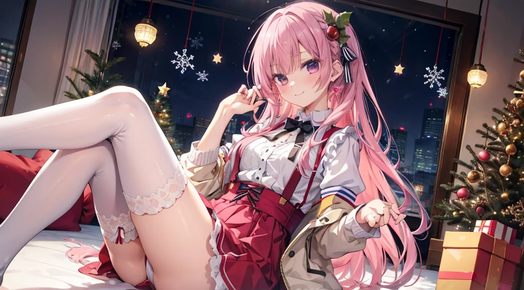 one-girl,byself,gently smiling,红色Christmas装,Christmas,Christmas装,A pink-haired,white underwear,Mitsukasa Ayase,白色Suspenders,Suspenders,White stockings,