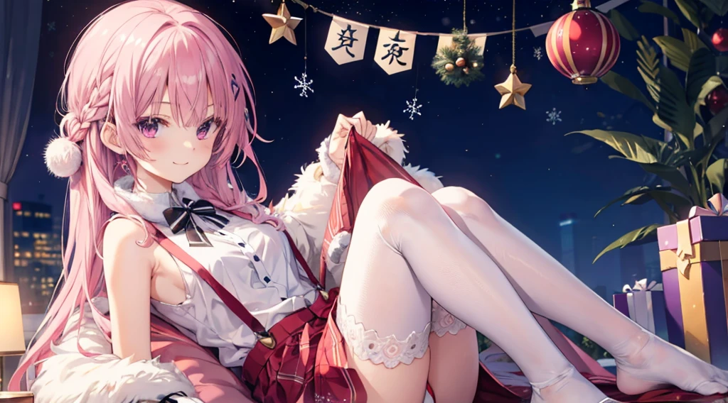 one-girl，soio，170cm height，45CM bust，A pink-haired，Purple eye，the night，gentleness，ssmile， Extremely detailed, Wearing miniskirt Santa Claus costume, Santa Claus costume with warm fur,In the bedroom，((lacepantyhose))，black glove，With bare arms，mitsukasa ayase