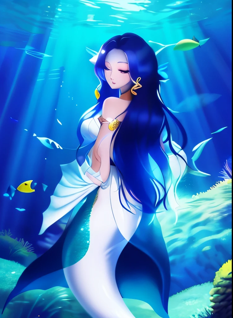 a mermaids with long blue hair and a white dress is standing in the water, beautiful mermaids, goddess of the sea, Sea Goddess, mermaids, Queen of the Sea Mu Yanling, ariana grande as a mermaids, Asian Woman Water Elemental, portrait of mermaids queen, portrait of mermaids, portrait of mermaids warrior, water fairy, mermaids body