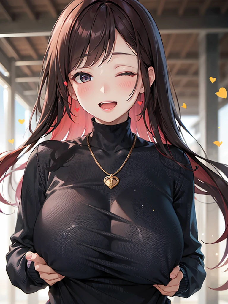 girl with、cosy sweater on、The upper part of the body、(Huge laughter:1.1)、(Opening Mouth:1.1)、(widely opened eyes:1.2)、Sun glare、bokeh dof、Depth of Field Background、Particles of light、heavy wind、(Heart particles:1.1)、Priestess costume、redhair、Black tight clothes