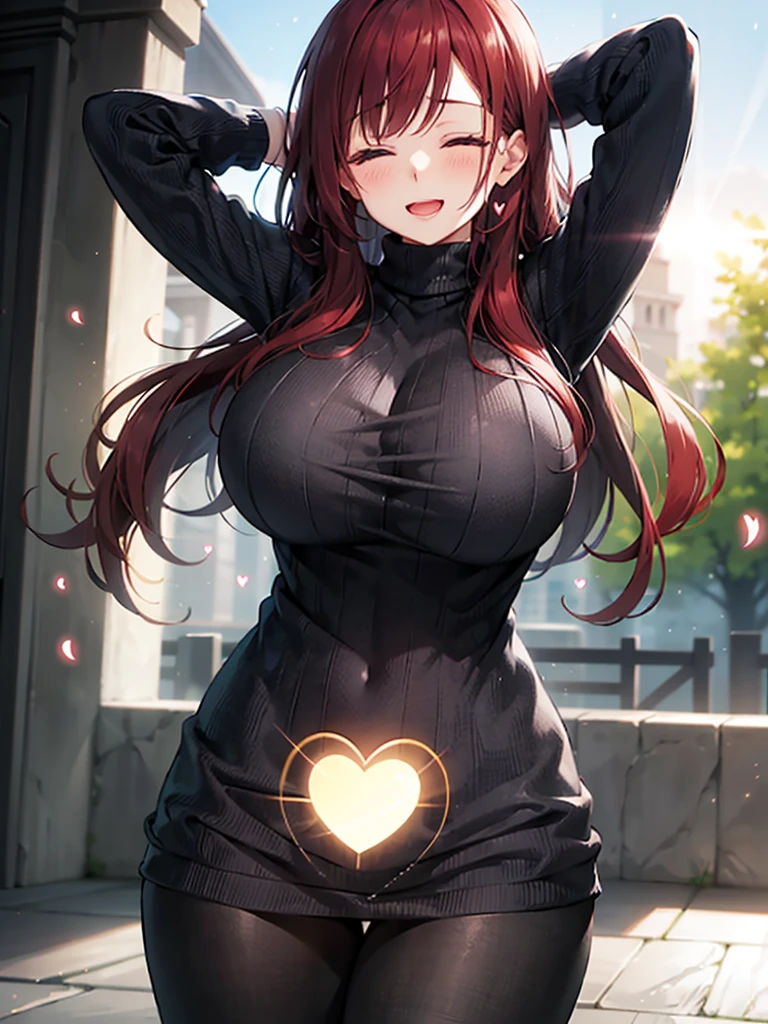 girl with、cosy sweater on、The upper part of the body、(Huge laughter:1.1)、(Opening Mouth:1.1)、(widely opened eyes:1.2)、Sun glare、bokeh dof、Depth of Field Background、Particles of light、heavy wind、(Heart particles:1.1)、Priestess costume、redhair、Black tight clothes