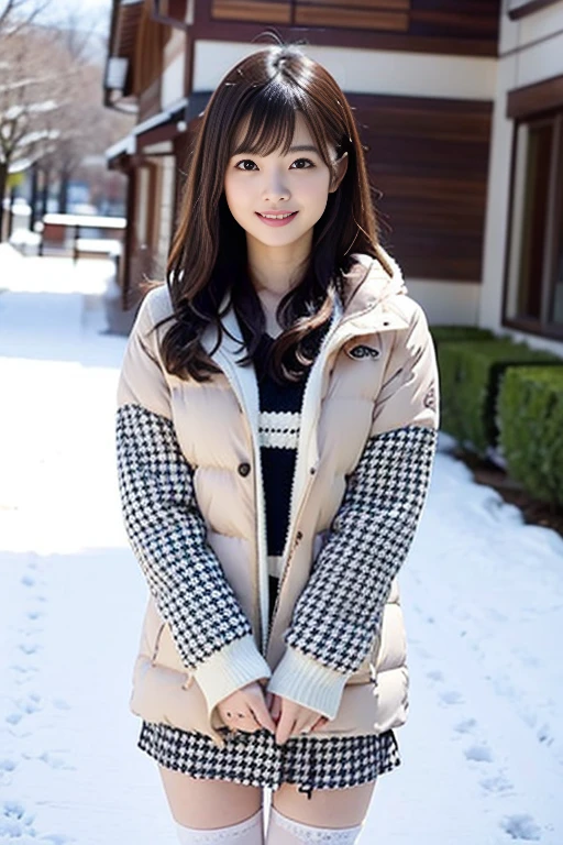 The cutest girl who works as a gravure idol is in the snow、with shiny brown hair、She is wearing a down jacket, a tight miniskirt with a houndstooth pattern, black pantyhose, and long white boots, her look captivating.。She smiled confidently.、Facing the camera in a professional pose。her fashion and expressions、A perfect balance between cuteness and elegance、It draws the viewer in and doesn't let go.。Through this scene、Express her charm to the fullest