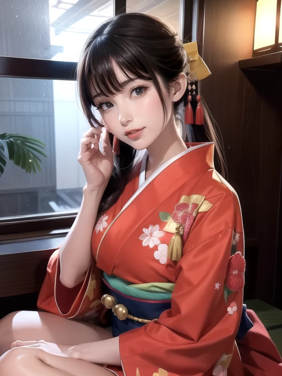 (Best Quality,Photorealistic),Solo,beautiful japanese female,Traditional kimono,Natural posture,Gentle smile,Impressive gaze,Traditional hairstyle,Tatami room at dusk,Sitting by the window,Illuminated by city lights,(Engaging pose),Professional Photographer,Shallow depth of field,Backlight, In a kneeling pose facing forward., Tilt your head and look up, Smiling face, I would like to thank the viewers.