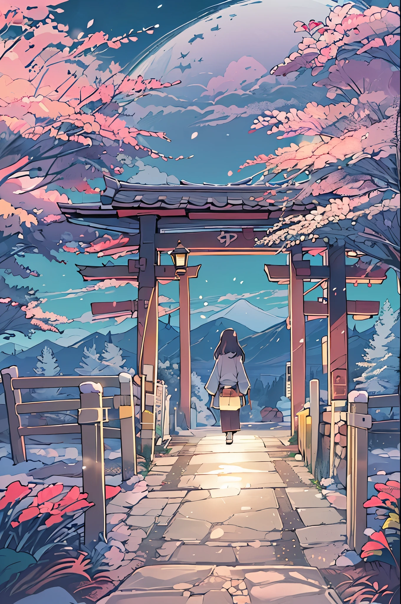 huge-breasted、kawaii、(Sunny Clothes)、torii gate,((Oblique angle))、{{close up to face}}、one eye closed、winking、A big smile、bbw、thick thight、big butts、Ultramammy,Chibi, Winter days, Anime Background Art, japanese art style, beautiful anime scene,detailed scenery - width 672, Background art, Anime landscapes, Anime Background, Beautiful anime scenery, Beautiful peace scenes in anime, landscape artwork, Japan Village, Anime landscapesコンセプトアート, 8K))、New Year’s Day、1 moon