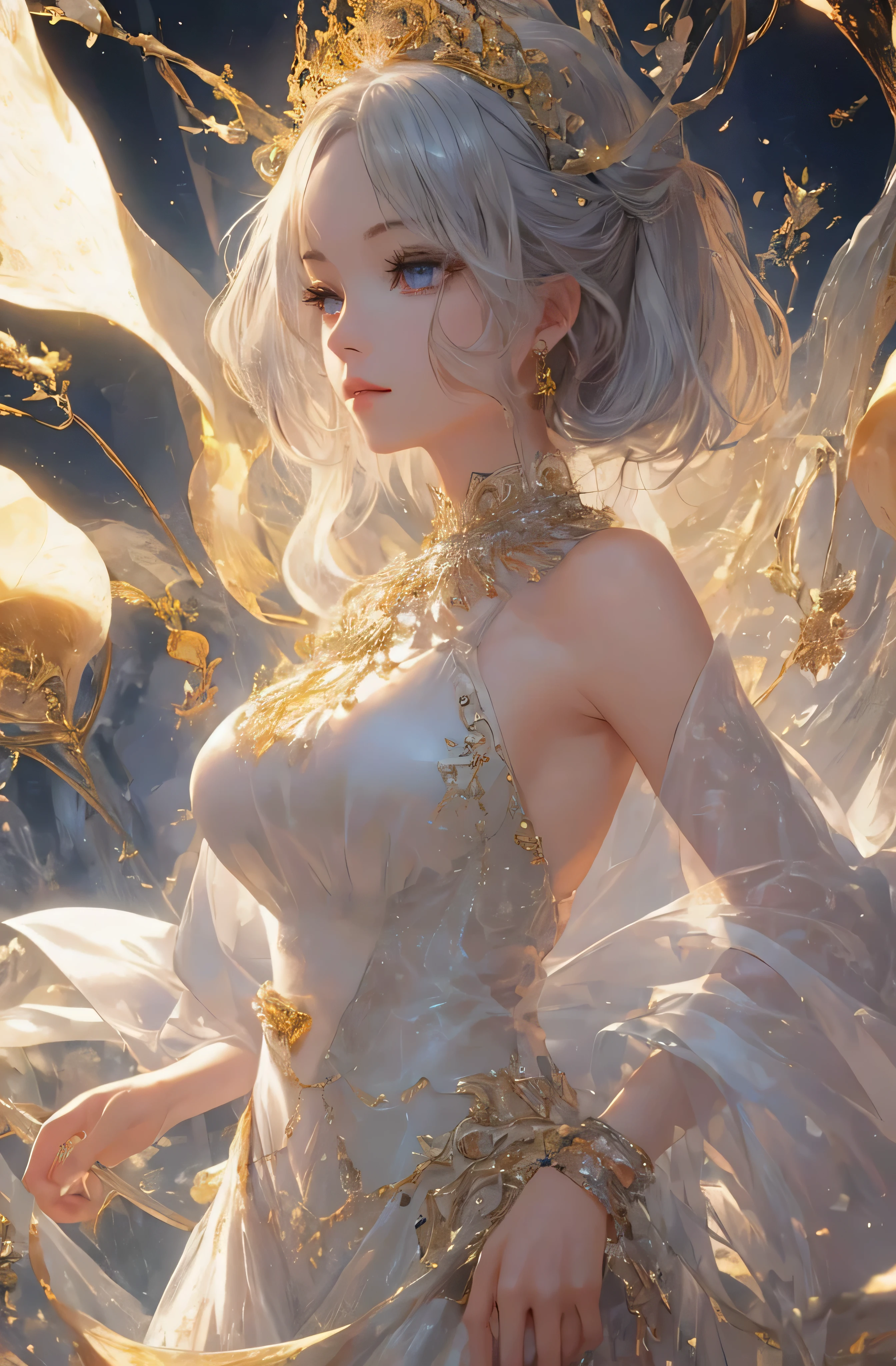 The upper part of the body、The face is front、profile、8K、realphoto、超A high resolution, Master Parts, Best Quality, nffsw , cinematic images,Lovely girl、ann、16 only、annグロサクソン、二重まぶた、drooing eyes、Very big eyes、Eyes purple、Dark eye shadow、The lips are very thin、The tip of the nose stretches beautifully.....................................、the tip of the nose is small,,,,, ighly detailed , Silver hair、Straight short hair、ssmile、 Sweet look 、a very beautiful woman、legs are long、 Very clear shadows , jewely , A sexy 、very big boobs(:1.8), A detailed eye, very intricate, shiny skins , パーフェクトブリリannト, Perfect Lighting, Dramatic shadows、White tiara on head、Gold necklace around the neck、White aristocratic dress with gold embroidery、