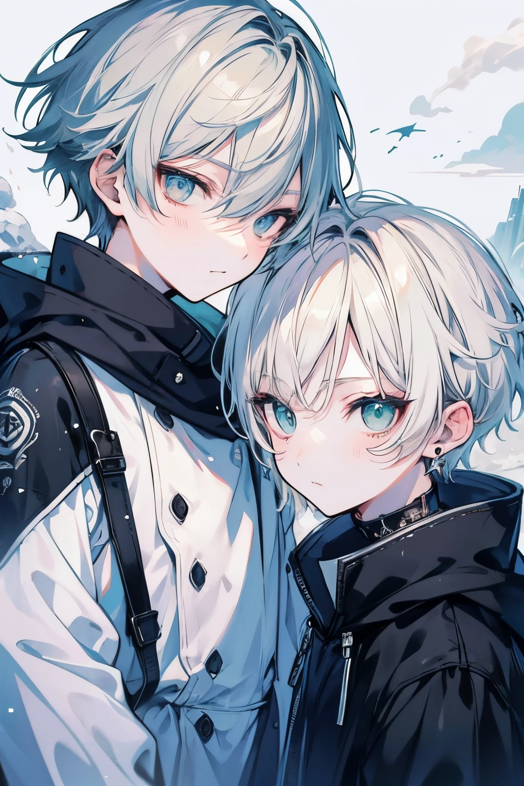 Unparalleled beauty,face perfect、Perfect Eye、green eyes Makoto Shinkai、Blonde and silver-haired、steam、steam、White breath、closing eye、Winter Outfit、snowscape、Landscape like an ink painting、 (2man),ゲイのmale people関係, male people,、stare at each other、Smiling,snow blowing
