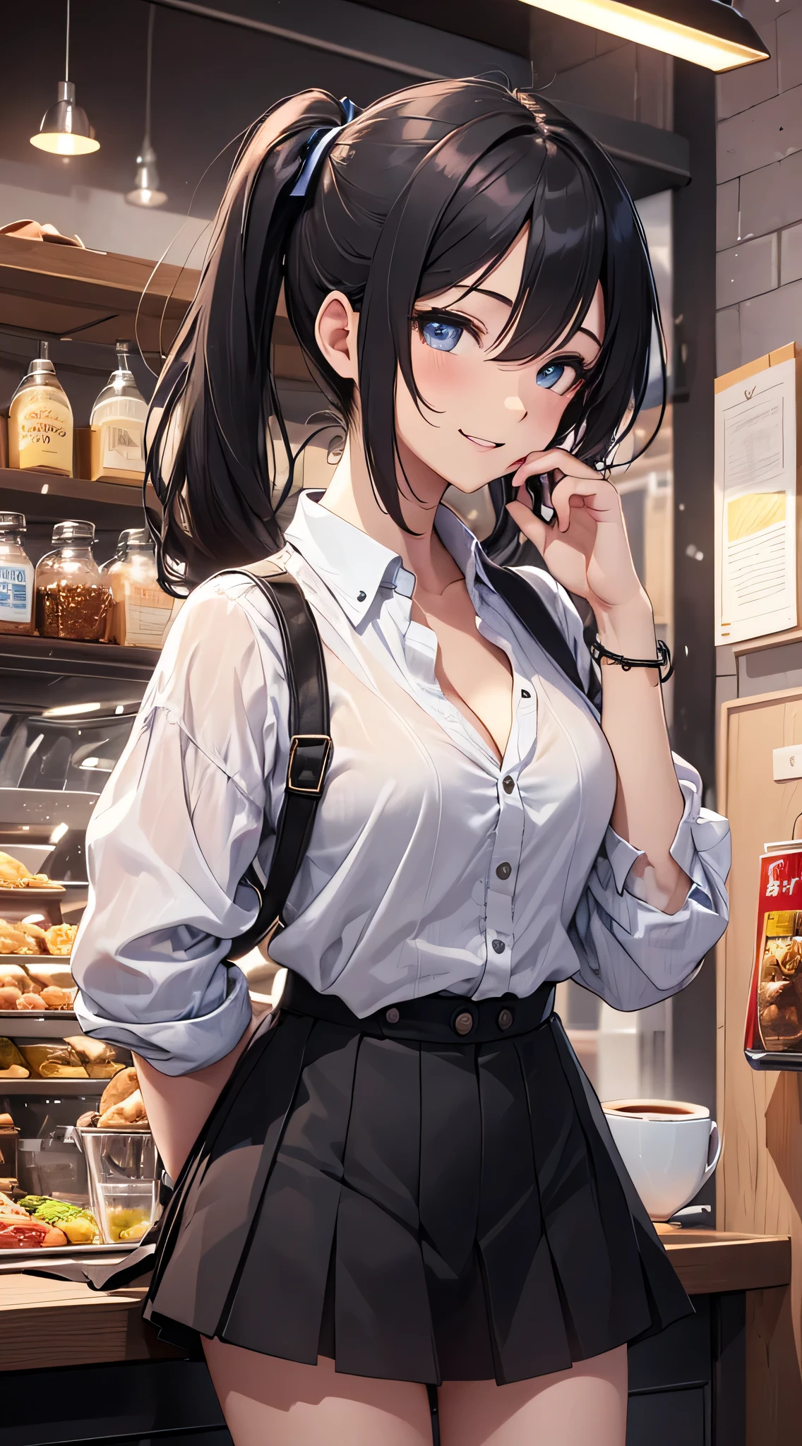 top-quality、Top image quality、masterpiece、teens girl((18year old、 Ager、Best Bust、Medium bust,wide open breast tea、light blue eyerest, bionde、poneyTail、A slender,black see-through rack shirt、Black skirt、Best Pose、The best smile、Laugh、Show cleavage)),hiquality、Beautiful Art、Background with((jpn、Night World、Neon Street、Inside the coffee shop)),masutepiece、depth of fields、movie、visualart、Perfect Art