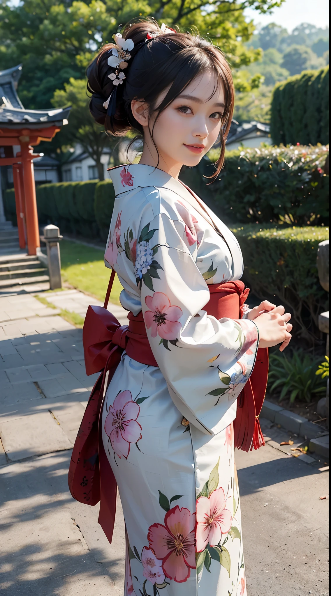 ((top-quality)), ((​masterpiece)), (detaileds:1.4)、in 8K、best qualtiy，full body sface focus,(goodbye waving),Soft light, smile,peal skin,wetted skin（depth of fields），超A high resolution，RAW Photos，japanese kimono(yukata Flower)  pony tail dark brown hair Hairpin holding Fan background Torii Shrine