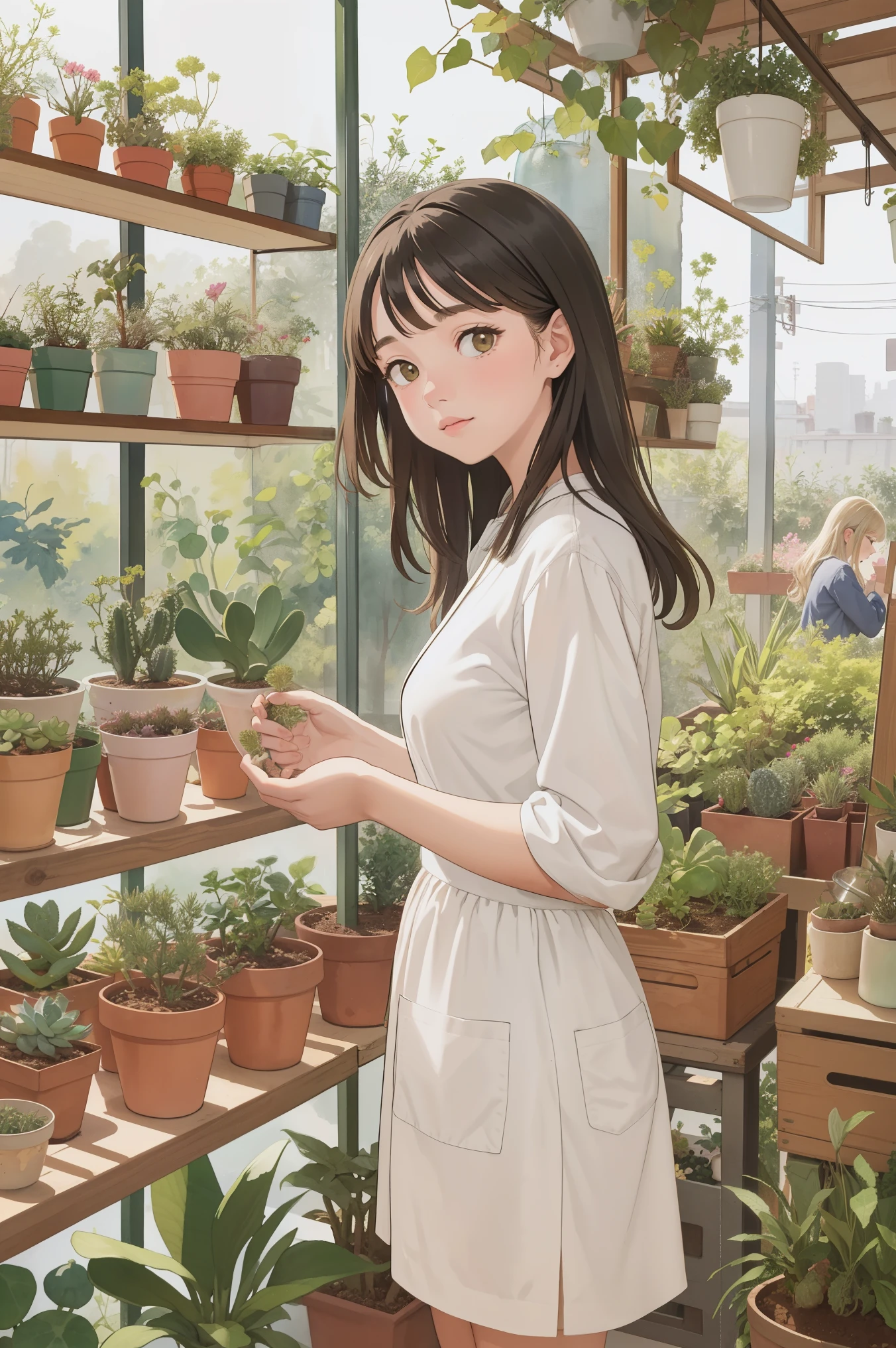 A cute girl, nude, naked, no clothes, small tits, background is wall with hanging some plants, anime, painting style image, brown short hair, cartoon style pic, black eyes, full body image