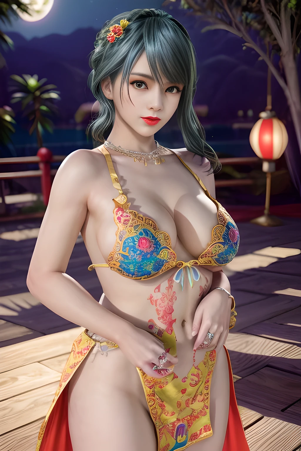 Desaturate Hue, 流行超Realistis,1 girl,Tamaki,(Dressed in vibrant rainbow color scheme art;Su embroidery craft; wedding gown),jewely,(Tattooed with:1),during night, full_themoon, As estrelas,Redlip,(gigantic cleavage breasts),(tmasterpiece:1.5),( Best quality at best:1.4),(Realistis:1.4), detailed,8K，number art,detailed头发,Expressive eyes, s the perfect face, real fingers,depth of fields,Similar colors,a warm color palette,softlighting,low-contrast,hard shadows,full body,