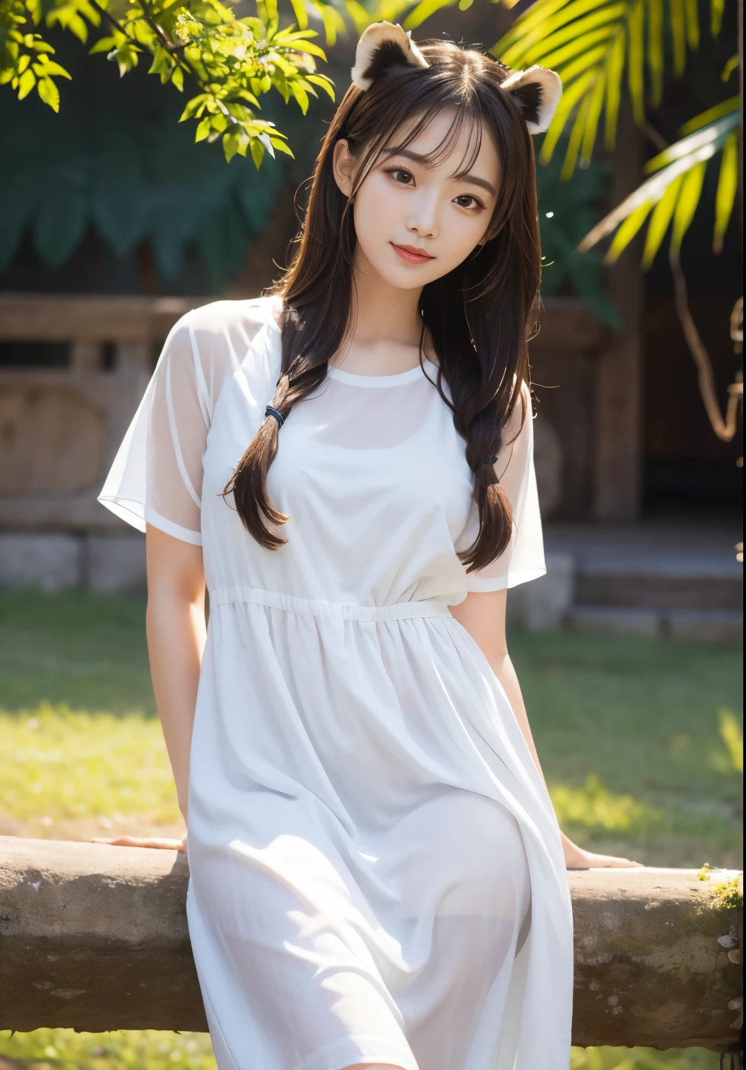 masterpiece), top-quality, 超A high resolution,4k,8k, zoo,1girl in ,length hair, Photorealsitic, real looking skin, HDR,Casual dress,rays of sunshine,zooにいる,a tiger,a panda,giraffe