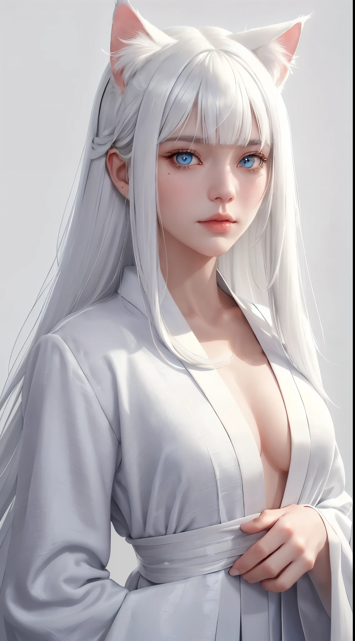 Light white hair, blunt bangs, asymmetrical hair, hair behind ear, long hair, wavy hair, blue eyes, cat pupils, eyebrows behind hair, cat ears, serious, facial hair, close-up, UHD, anatomically correct, textured skin, high details, 1080P, traditional japanese clothes