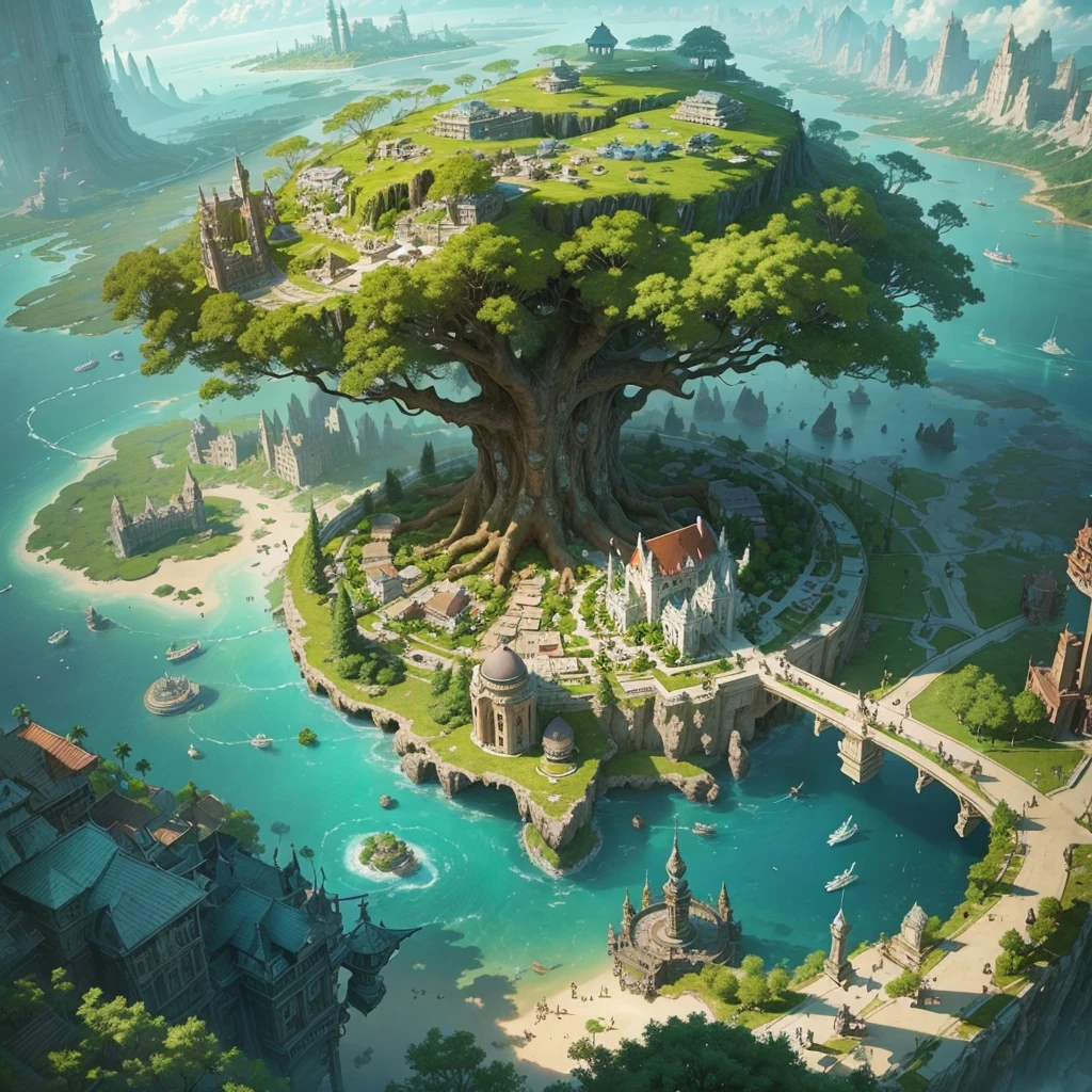 ((Fantasy))The farthest aerial view, an island in the sea, There is a huge tree on the island that is as huge as the world, This is the base of natural magicians, It is a fantasy-style magic city, The giant tree is surrounded by the buildings of the Magic Academy and the village。the Sun Shining，A unbroken city-state