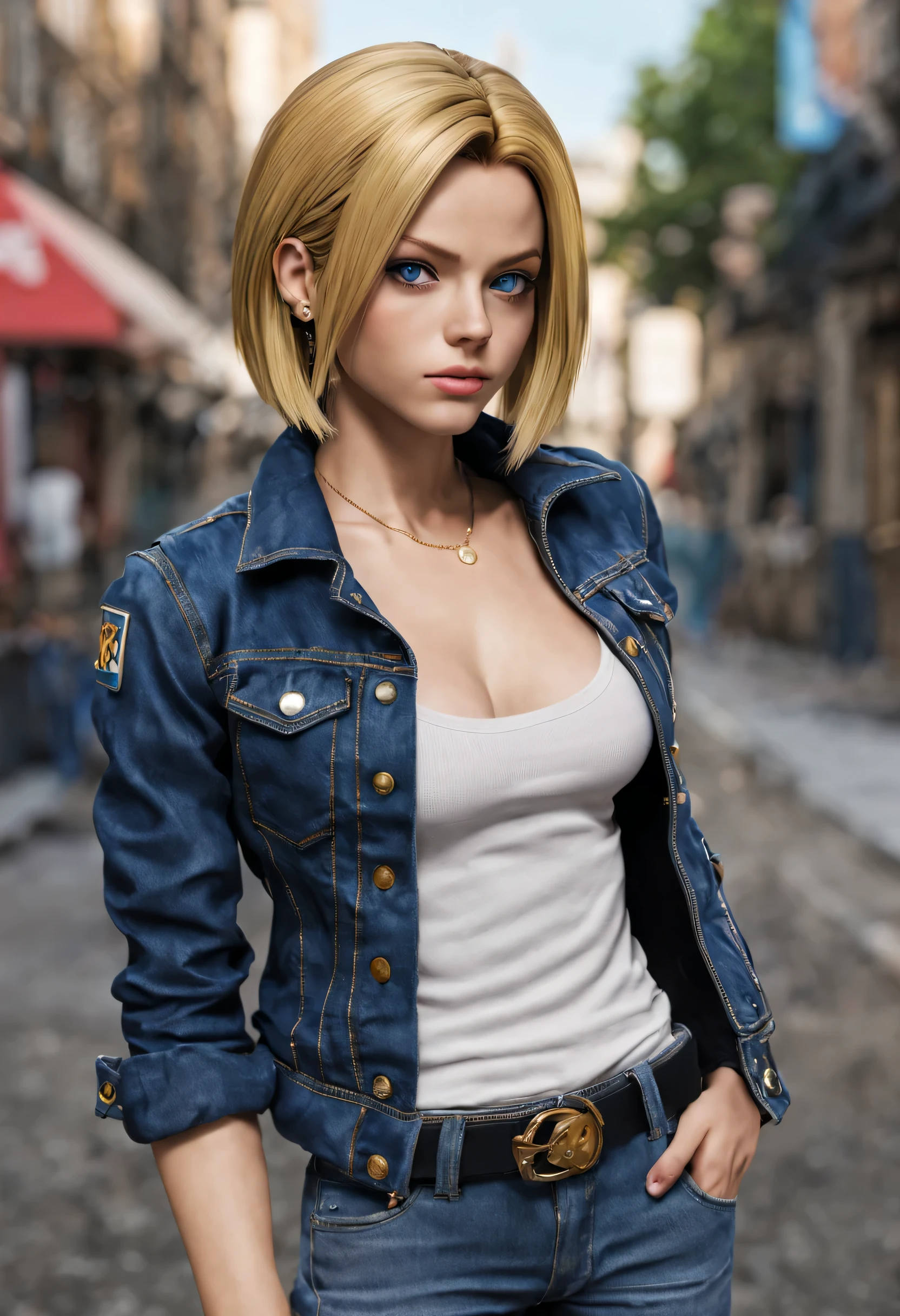 (photoreal, 4K)), ((Ultradetailed)), ((full body Portrait)), Android 18 is a strikingly beautiful and formidable fighter with a slender and athletic build. She has straight, ((shoulder-length blonde)) hair that frames her face, often seen with a ((side-swept)) bang. Her most captivating features are her piercing blue eyes, which hold an air of confidence and intelligence. She typically wears a white sleeveless shirt, black leggings, and a blue denim jacket or vest, along with a pair of fashionable boots. Her attire gives off a casual yet stylish look, reflecting her laid-back personality and sense of independence