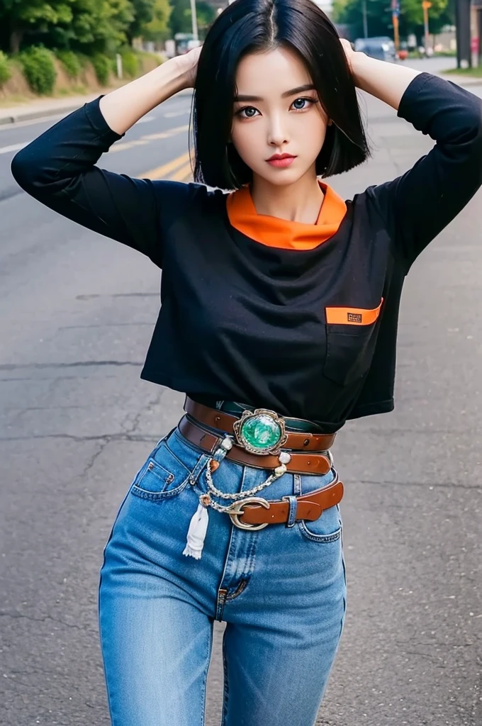 (masterpiece), best quality, expressive eyes, perfect face, highres, 1 girl, solo, android  girl, (female body:1.3), blue eyes, black hair,parted hair,short hair, black shirt, jeans, layered shirt, white sleeves,orange bandana, blue sneakers, green socks, brown belt, red patch, outdoor, landscape, standing, portrait, looking at the viewer