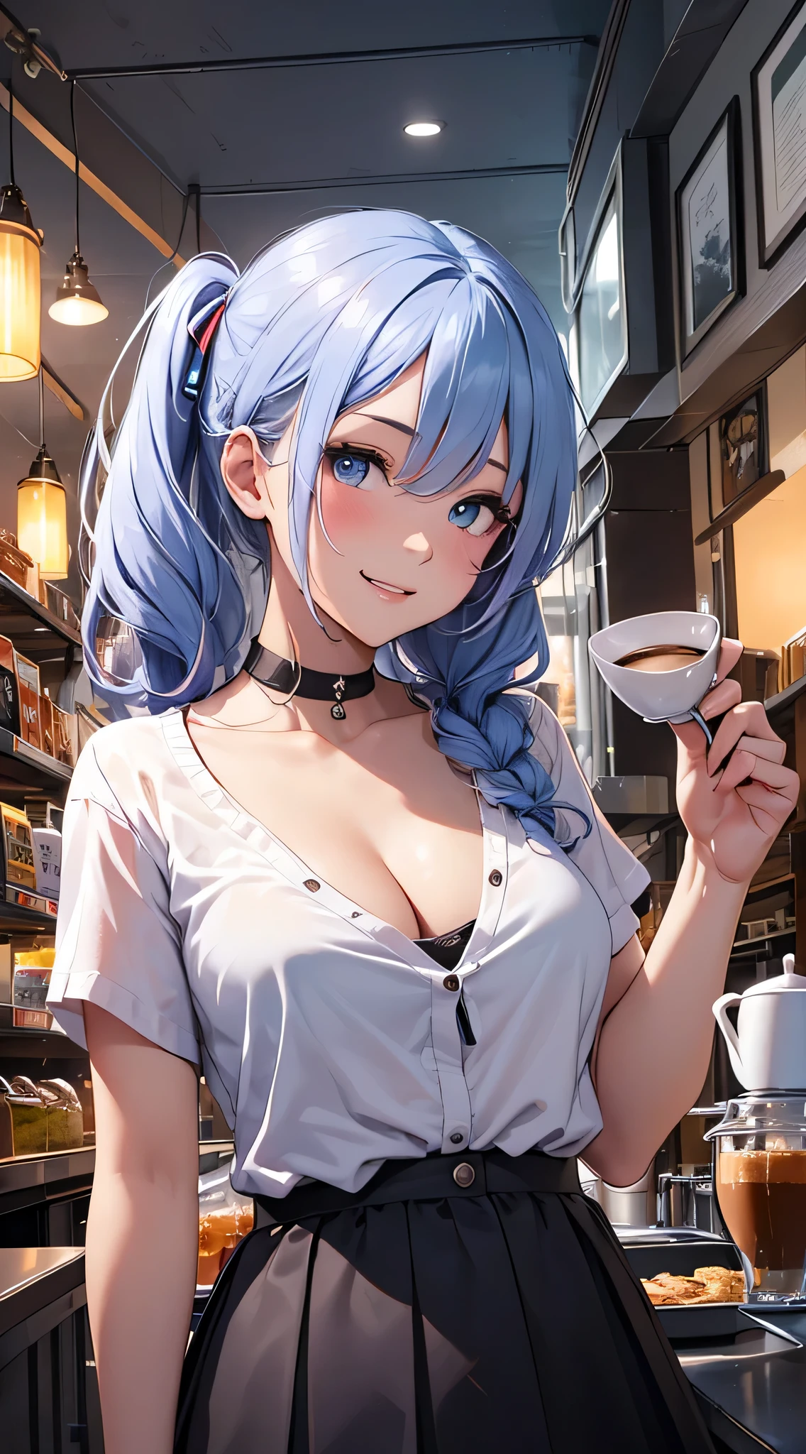 top-quality、Top image quality、masterpiece、s girl((18year old、 Ager、Best Bust、Medium bust,wide open breast tea、light blue eyerest, bionde、poneyTail、A slender,black see-through rack shirt、Black skirt、Best Pose、The best smile、Laugh、Show cleavage、Slouch Pose)),hiquality、Beautiful Art、Background with((jpn、Night World、Neon Street、Inside the coffee shop)),masutepiece、depth of fields、movie、visualart、Perfect Art