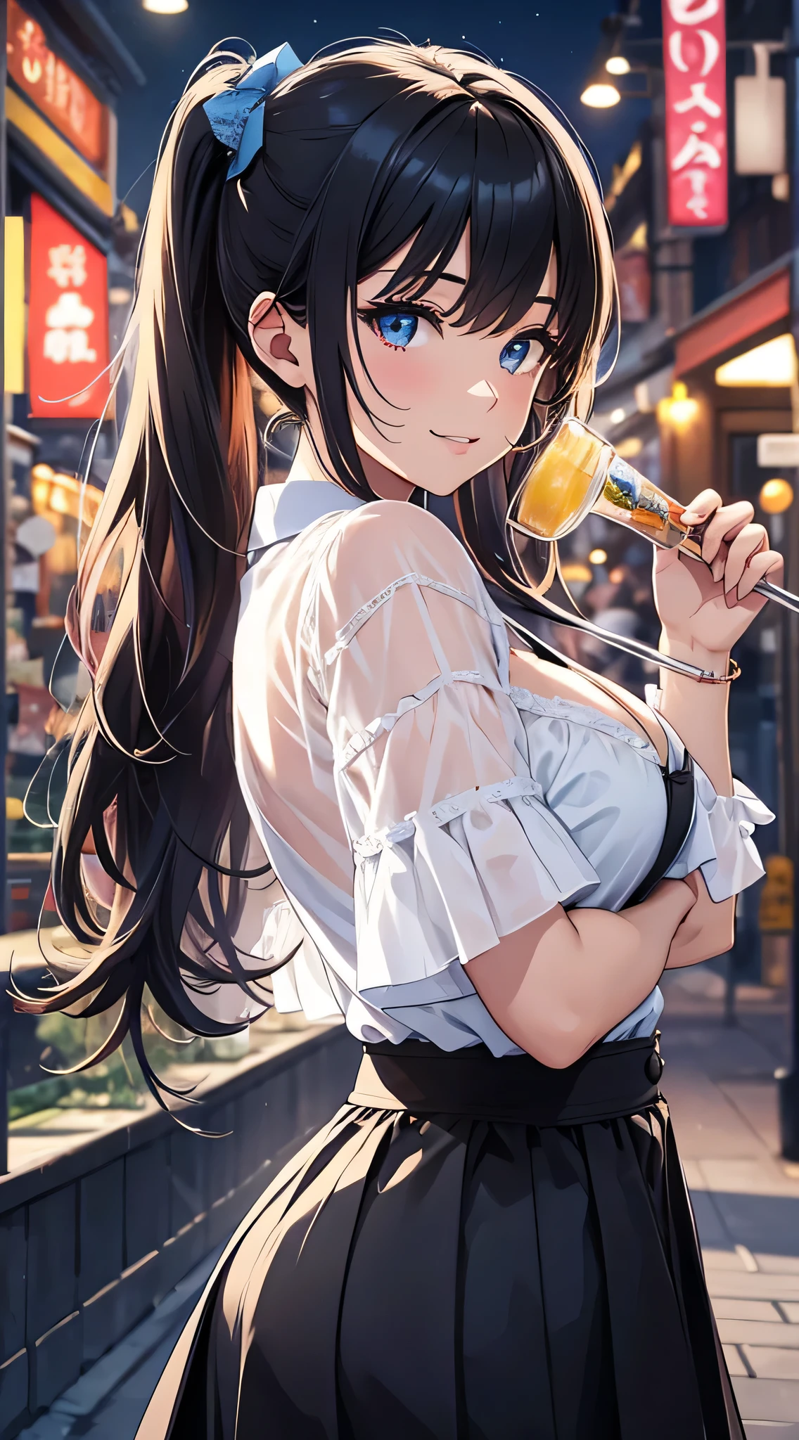 top-quality、Top image quality、masterpiece、teens girl((18year old、 Ager、Best Bust、Medium bust,wide open breast tea、light blue eyerest, bionde、poneyTail、A slender,black see-through rack shirt、Black skirt、Best Pose、The best smile、Laugh、Show cleavage、Slouch Pose)),hiquality、Beautiful Art、Background with((jpn、Night World、Neon Street、Inside the coffee shop)),masutepiece、depth of fields、movie、visualart、Perfect Art