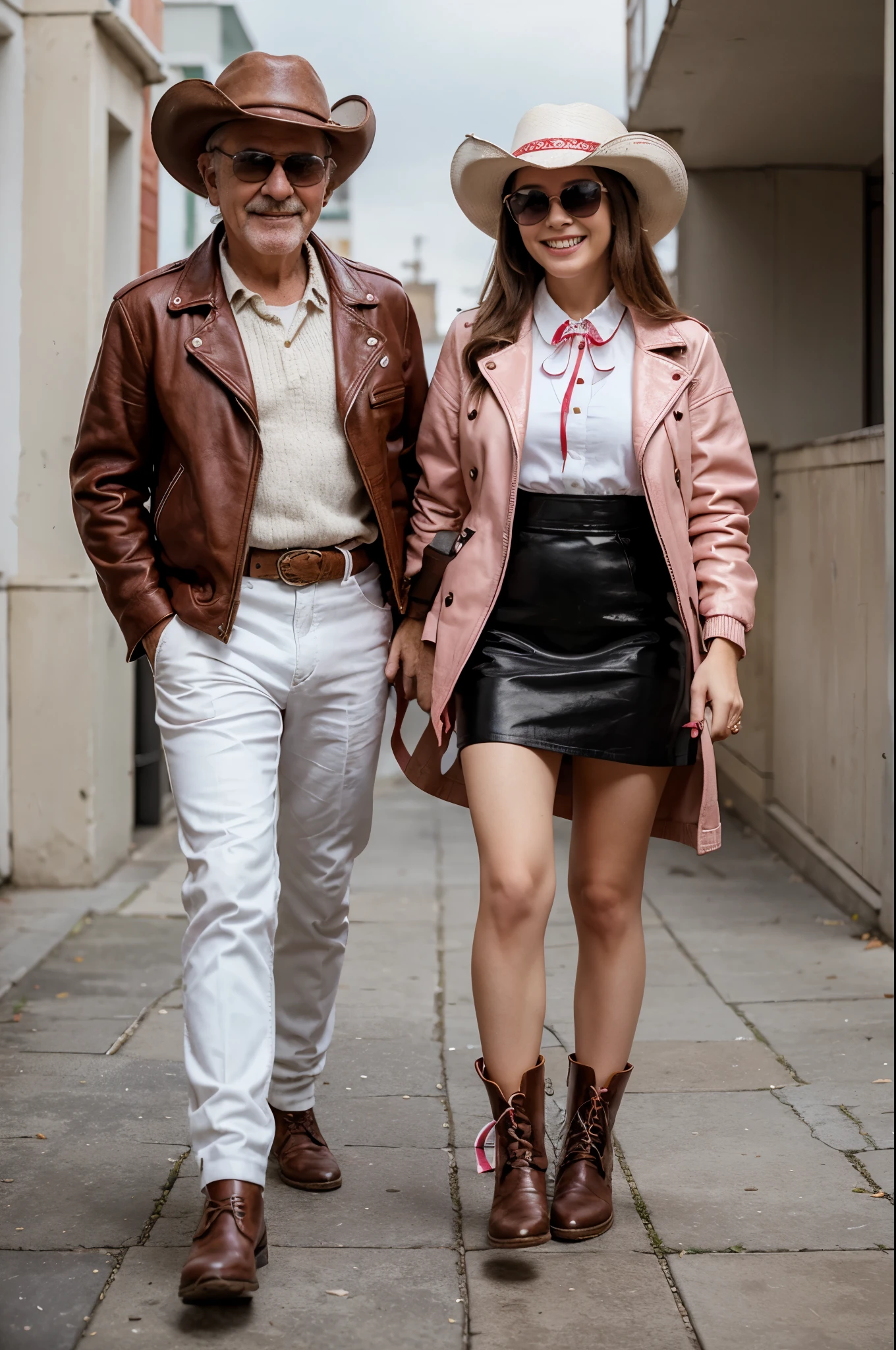 A cute girl wearing a red dress and white shoes and a pink jacket, a grandfather wearing a cowboy hat, a leather jacket, leather boots and holding a long gun, and a smiling white dog wearing a pretty ribbon and black sunglasses.