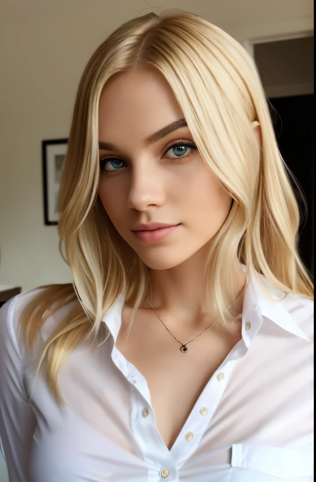 Beautiful sexy woman in white shirt with realistic blonde hair