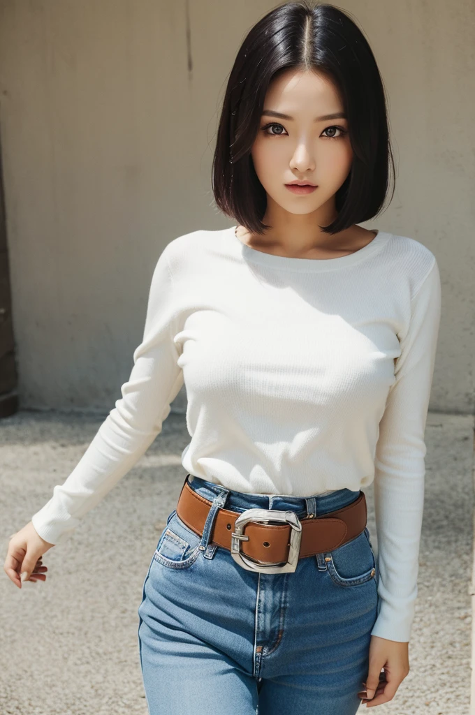 (masterpiece), bestquality, expressive eyes, perfect face, highres, 1 girl, bara, robot girl 17, (female body:1.3), Blue Eyes, Black Hair,I'm disassembled.,Short Hair Hair, black shirt, Jeans, Undershirt, white sleeves,Orange scarf, Blue sneakers, Green Socks, Brown belt, red patch, outdoor, scenary, stand, portrait, looking at the audience
