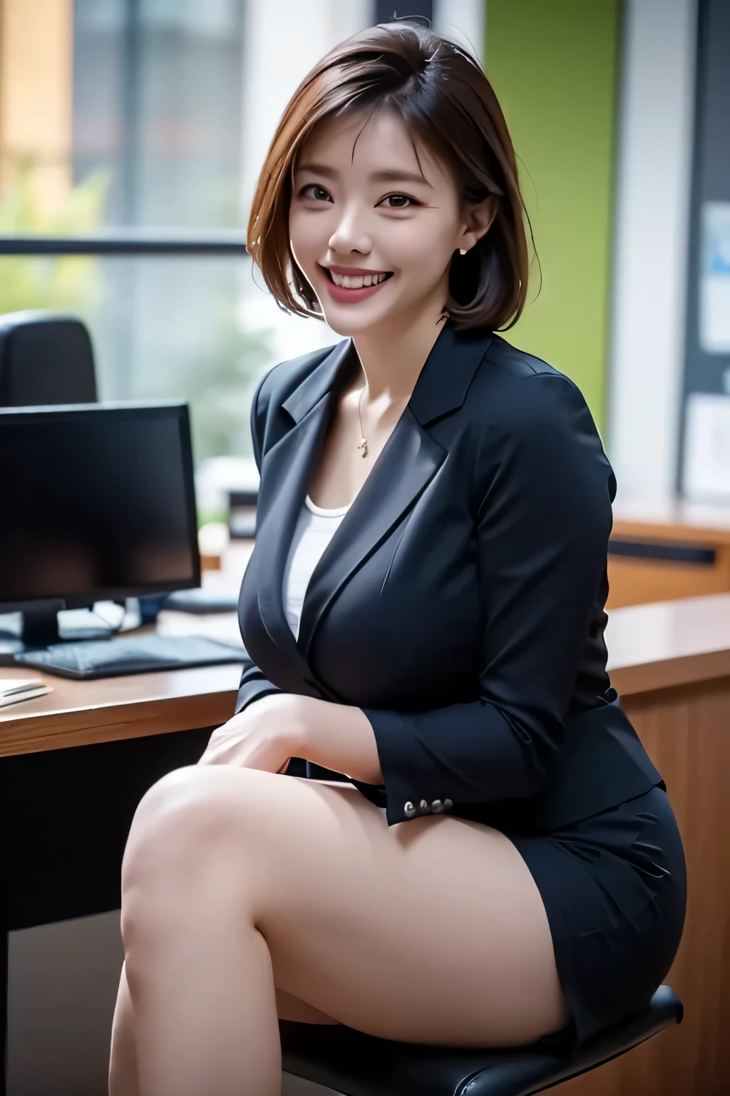 (1 Ultimate Beautiful Mature Woman), hyperdetailed face, Detailed lips, A detailed eye, 二重まぶた, Brunette Bob Hair, (grin), ((Beautiful teeth)), large full breasts, (portlate), ((navy blue business jacket)), ((Light green blouse)), ((Brown tight mini skirt)), (thighs thighs thighs thighs), perfect bodies, face perfect, Perfect fit, ((depth of fields)), Perfect image realism, (((Background with:Inside the office)))、詳細なBackground with, detailed costume, Perfect litthing、Hyper-Realism、Photorealsitic、8K maximum resolution, (​masterpiece), ighly detailed, Professional