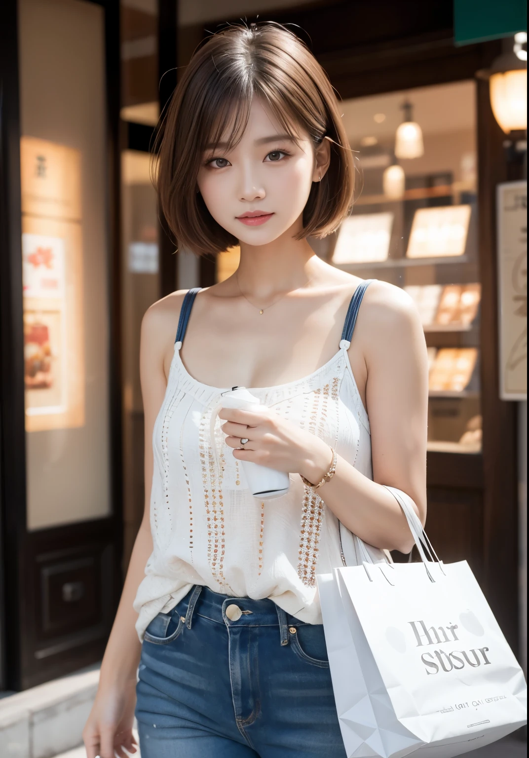masterpiece), top-quality, 超A high resolution,4k,8k,1girl in ,shorth hair, 电影灯光, Photorealsitic, real looking skin, HDR,Beautiful woman,shopping,Have a shopping bag