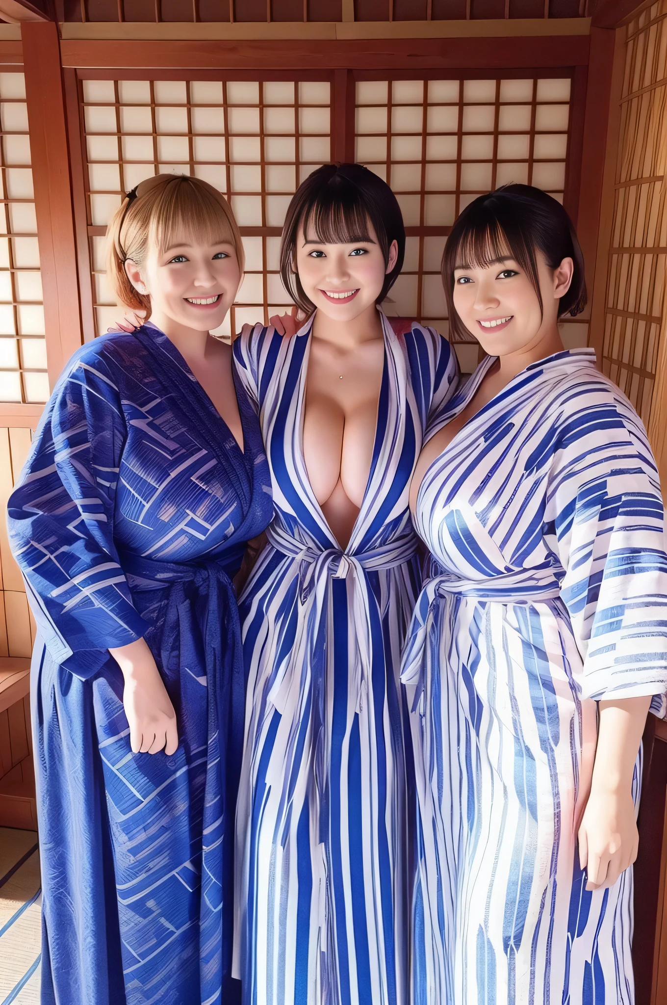 Attractive woman, ３Man Woman, bbw, Hakata yukata、large boob, A smile、Hot Spring Ryokan、​masterpiece, top-quality,