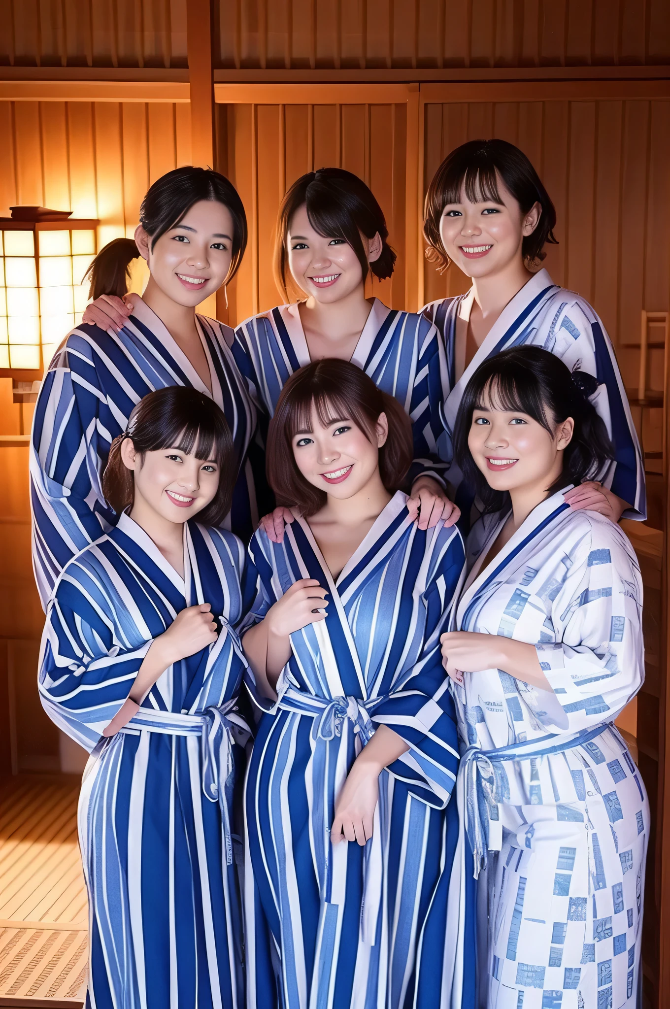 Attractive woman, ３Man Woman, bbw, Hakata yukata、large boob, A smile、Hot Spring Ryokan、​masterpiece, top-quality,