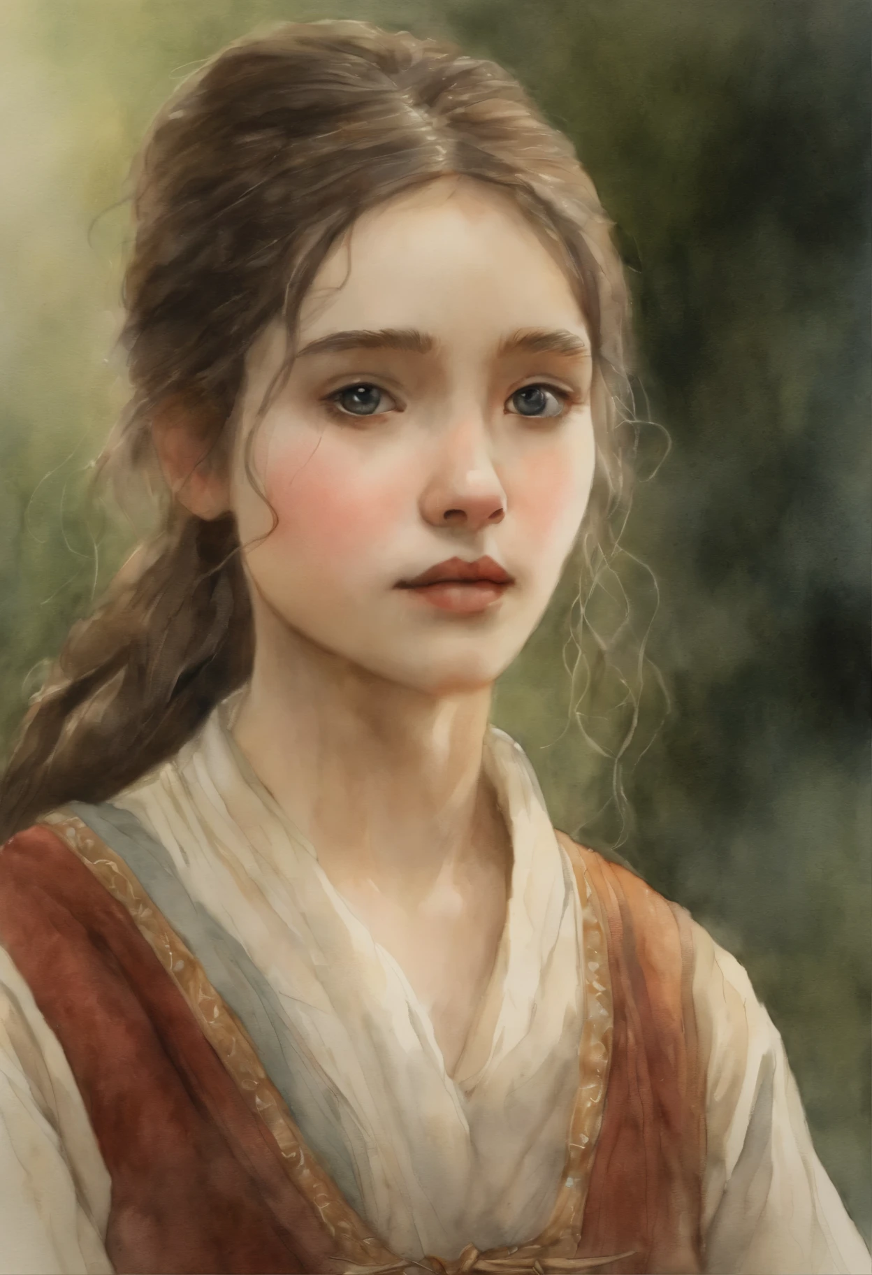 watercolour, Anime style,    真实感, a painting, Fantastic tale, Christmas style, John Tolkien style, Small painting by Jean-Baptiste Monge,  Girl- Her thin straight eyebrows came together into a thread, and dark circles appeared under the eyes.