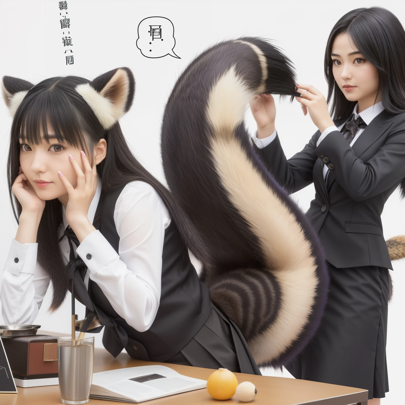 A woman wearing a skirt with a raccoon tail, anthropomorphic racoon, けもの, Realistic, a picture, top-quality, Her skirt is flipped up and her tail is visible.:1.5 ,Realistic tail, small tits, slender, White panties, tail, Bushy tail, Realistic tail