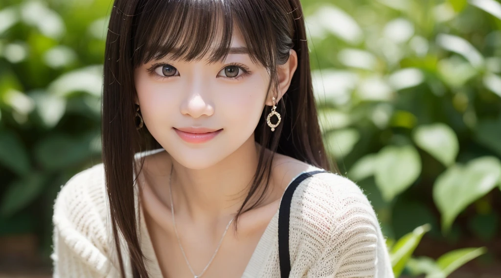 (ighly detailedなCGユニティ8k壁紙, 1920x1080、masutepiece, Best Quality, Ultra-detailed), (Best Illumination, Best Shadow, extremely delicate and beautiful), Smile, rich greenery, Sunlight shines in, depth of fields, Arisaka Miyuki、Smile、natta、Raw photography、(((Ultimate Beauty Portrait)))、((glistning skin))、女の子1人、bright expression、((Long Black Hair、Hair Nude))、(cleavage of the breast)、、((Big eyes that shine like jewels))、open cardigan、Open your clothes、panthyhose、Glossy glossy skin、(Medium Hair)、(Silky Ponytail Hair)、eye liner、Beautiful bangs、Hair between the eyes、((masterpiece、最hightquality、Ultra-detailed細、Film Light、intricate-detail、hight resolution、ighly detailed))、细致背景、8KUHD、Hair Nude、Soft light、hightquality、depth of fieldsは浅く、natural soft light、Kamimei、Lush bust