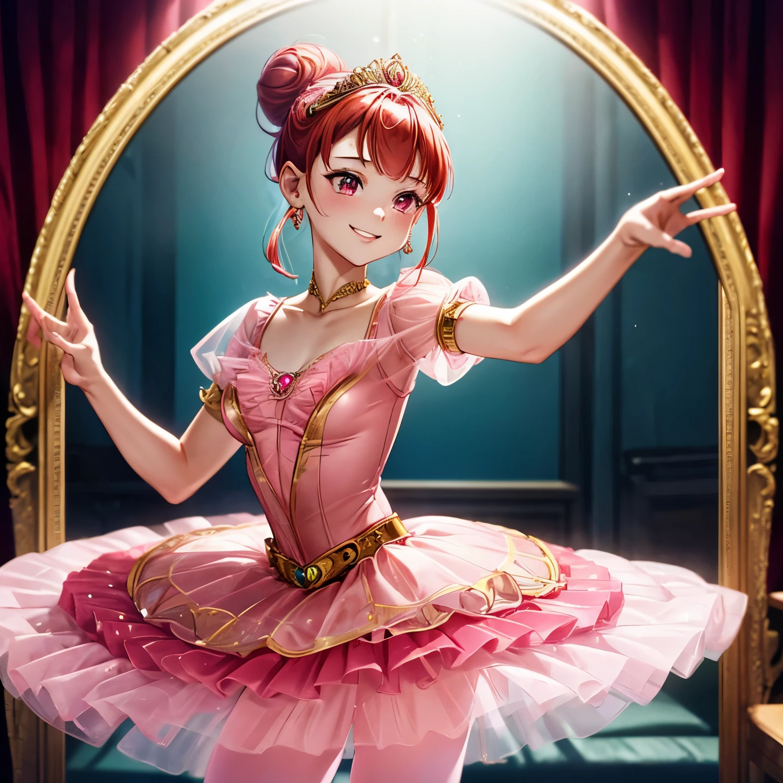 Pretty  princess has a ballerina, drawn in anime style, smiling, red hair with single bun, pink eyes, small breast, steampunk, red tutu dress with short sleeves and long tulle skirt, ruby earrings, gold tiara, translucent pink thighs, pointe shoes, in dance studio, ballet dancing in front of a mirror, Highly detailed, 4k.