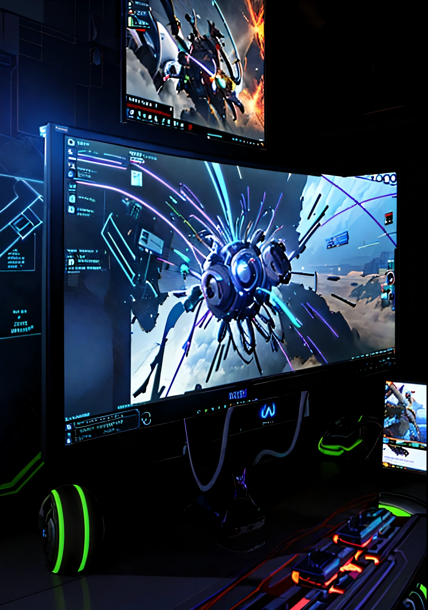 there are three monitors with a man playing a video game, gamer screen on metallic desk, game overlay, huge computer screens, fps view, pc screen image, ultrawide establishing shot, floating monitors, monitors, epic scene full of computers, cinematic shot!, game footage, cinematic level shot, halo infinite!!, close up to the screen, wideshot