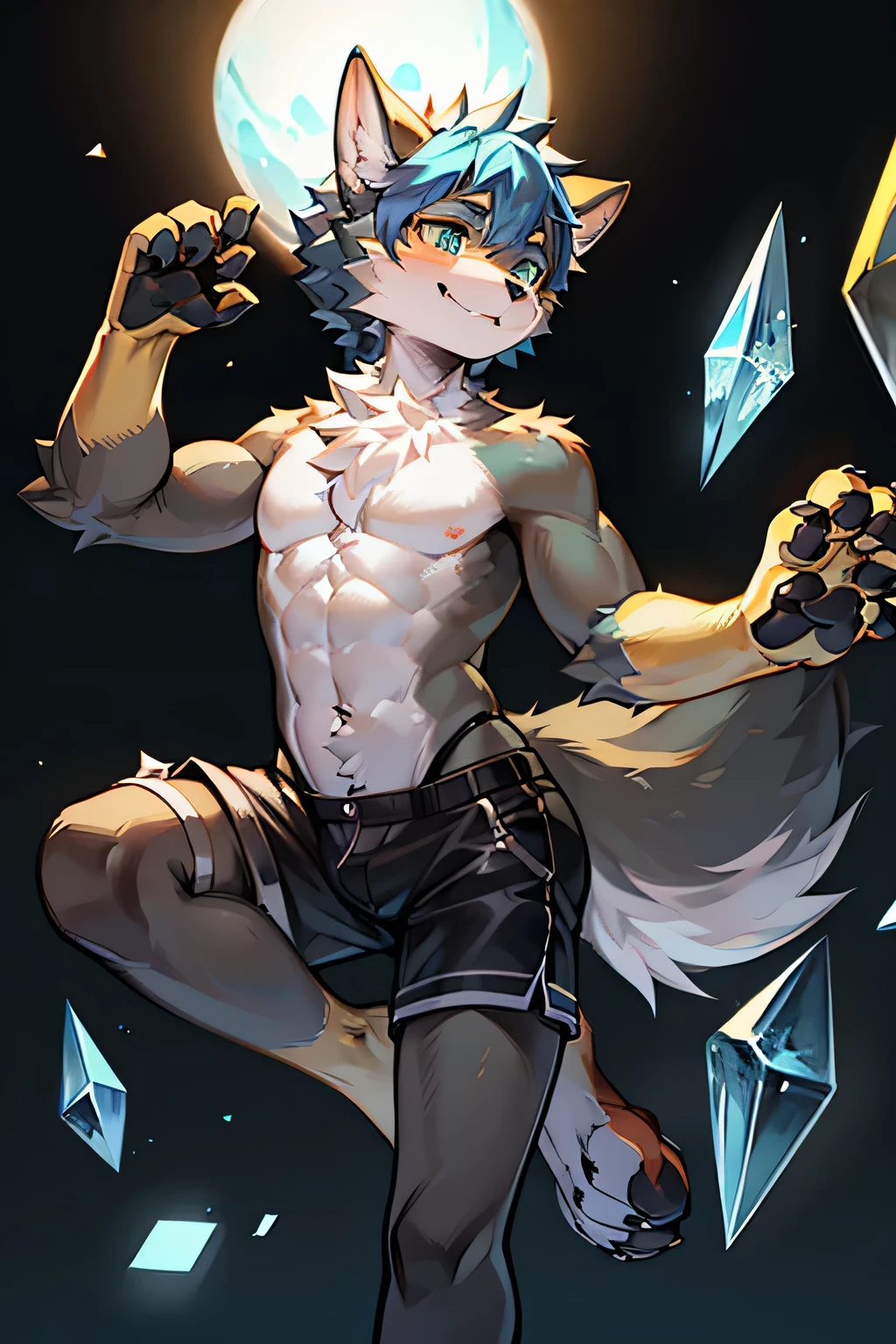 （tmasterpiece：1.2），（Anatomical correct：1.1），（high high quality：1.5），（（（solo male anthropomorphic）））hairy pubic hair_Shapeshifting wolf Fusona，1 Dog boy，Yellow fur，crystal blue eyes，（Tianbi），yellow claw，Yellow feet，canine hands，（Detailed dog legs：1.2），Black beans，Detail beans，（（1 wolf boy）），[digitial painting\（An artwork of）：：：0.8]Canine feet，（lines of movement：1.1），单hairy pubic hair尾巴，[aquarelle（An artwork of）：0.6]，White hair，Short hair details，grey shorts