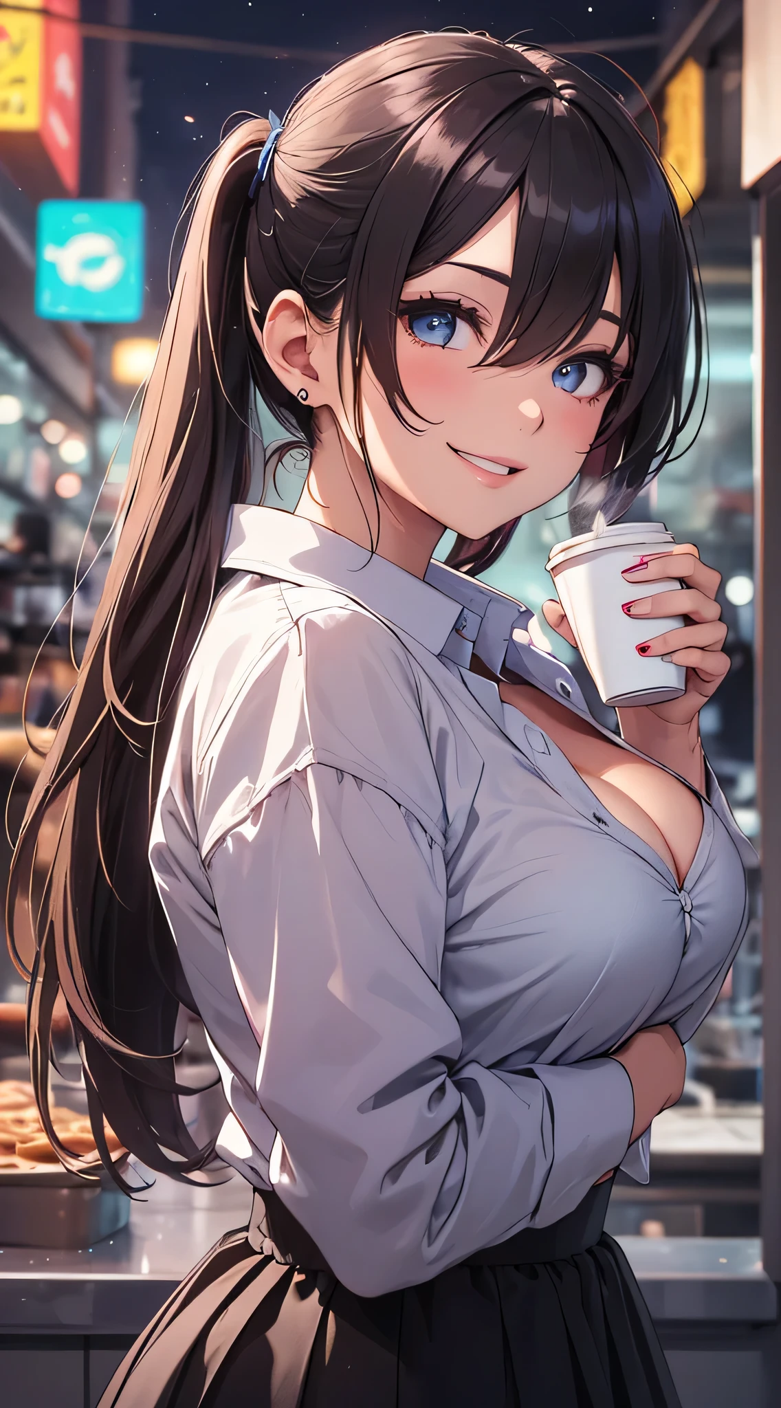 top-quality、Top image quality、masterpiece、s girl((18year old、 Ager、Best Bust、Medium bust,wide open breast tea、light blue eyerest, bionde、poneyTail、A slender,black see-through rack shirt、Black skirt、Best Pose、The best smile、Laugh、Show cleavage、Leaning forward pose)),hiquality、Beautiful Art、Background with((jpn、Night World、Neon Street、Inside the coffee shop)),masutepiece、depth of fields、movie、visualart、Perfect Art