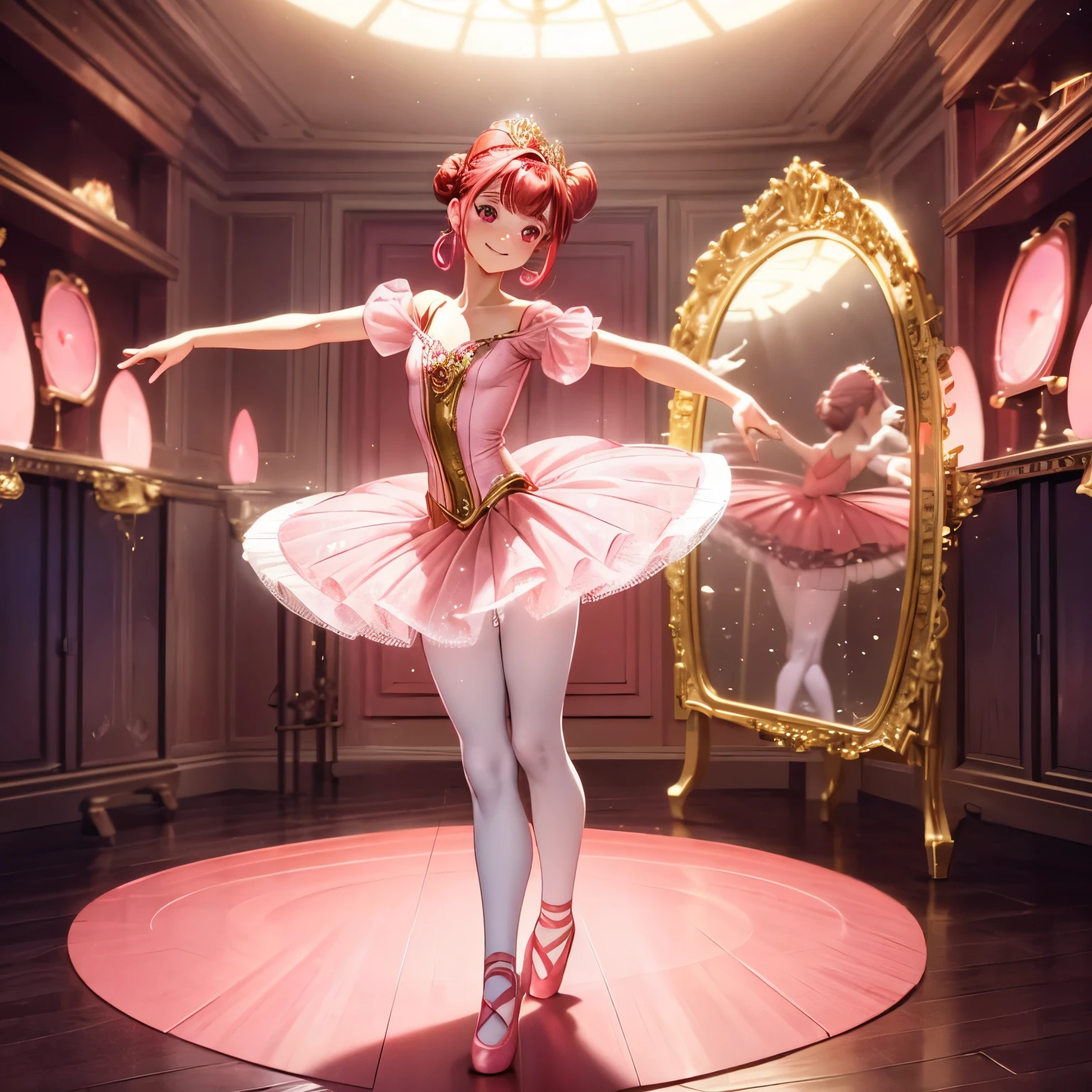 Pretty 15 years old princess has a ballerina, drawn in anime style, smiling, red hair with single bun, pink eyes, small breast, steampunk, red tutu dress with short sleeves and long tulle skirt, ruby earrings, gold tiara, translucent pink thighs, pointe shoes, in dance studio, ballet dancing in front of a mirror, Highly detailed, 4k.