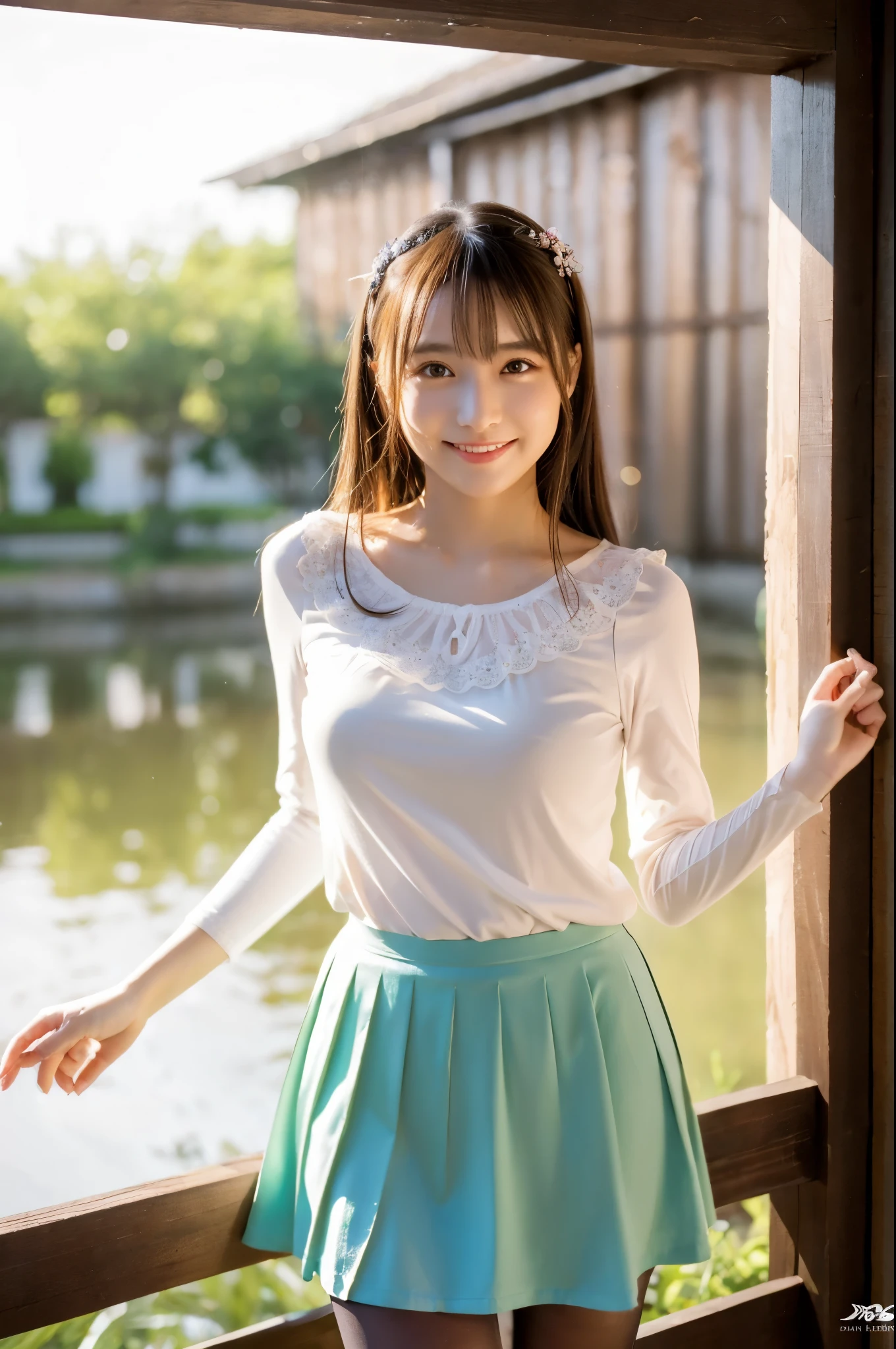 ulzzang -6500-v1.1, (Raw photo:1.2), (Photorealsitic), a beautiful detailed girl, (Real: 1.4), ighly detailedな目と顔, beatiful detailed eyes,  (Strapless blouse, flered skirt, Ultra-realistic pantyhose:1.2)、full body Esbian、 (Very affectionate smile:1.2)、huge filesize, hight resolution, ighly detailed, top-quality, [​masterpiece:1.6], illustratio, ighly detailed, nffsw, finely detail, top-quality, 8k wallpaper, Cinematographic lighting, 1girl in, , perfect body type, cute droopy eyes beautiful big eyes、Pieckfinger, ((masutepiece)), Best Quality, 1girl in, eye shadow, Upper body, Portrait, ((FULL BODYSHOT:1.6))、