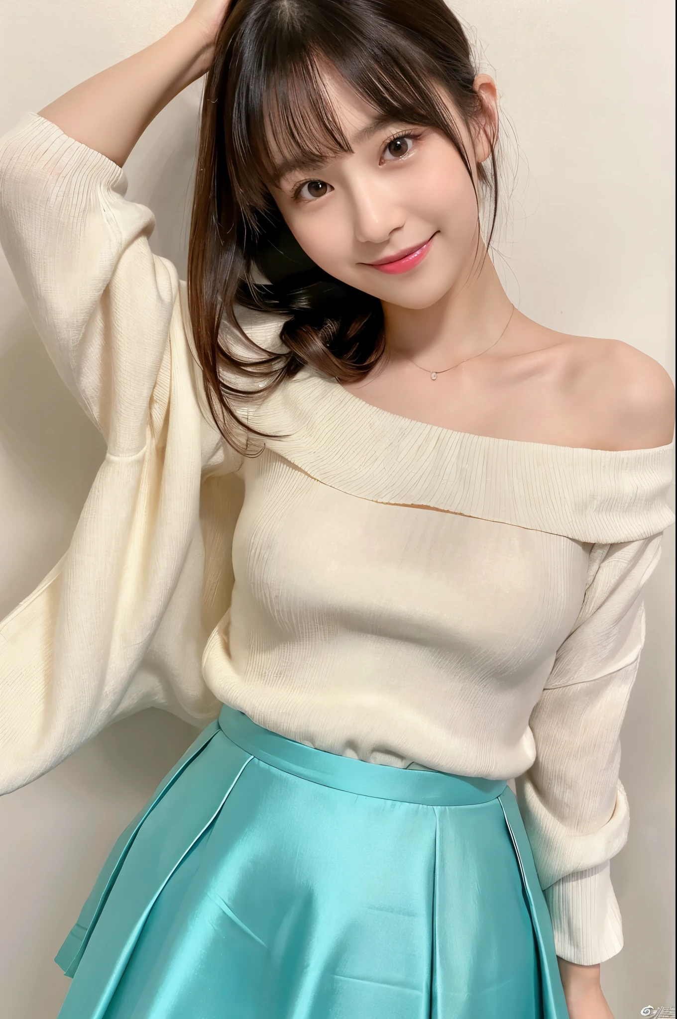 ulzzang -6500-v1.1, (Raw photo:1.2), (Photorealsitic), a beautiful detailed girl, (Real: 1.4), ighly detailedな目と顔, beatiful detailed eyes,  (Strapless blouse, flered skirt, Ultra-realistic pantyhose:1.2)、full body Esbian、 (Very affectionate smile:1.2)、huge filesize, hight resolution, ighly detailed, top-quality, [​masterpiece:1.6], illustratio, ighly detailed, nffsw, finely detail, top-quality, 8k wallpaper, Cinematographic lighting, 1girl in, , perfect body type, cute droopy eyes beautiful big eyes、Pieckfinger, ((masutepiece)), Best Quality, 1girl in, eye shadow, Upper body, Portrait, ((FULL BODYSHOT:1.6))、