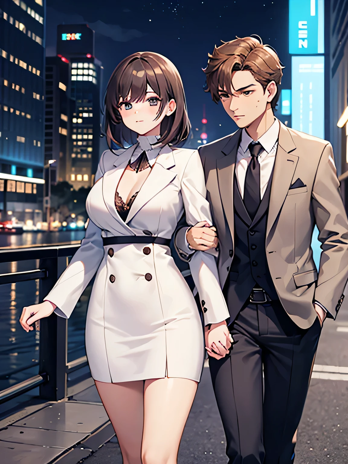 1,man and woman walking hand in hand.
2,The woman is a 30-year-old female president.。, He is wearing a sexy and luxurious suit with an open chest..
3,The man is a 24-year-old female subordinate.。, I'm wearing a suit but I have a .
4,The location is an office district at night..