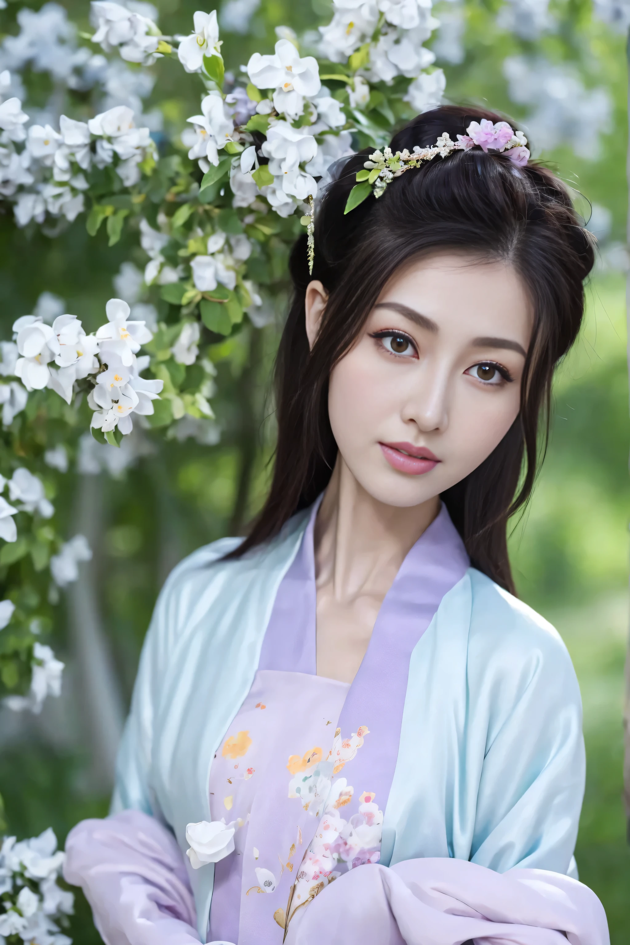 Fashion model 18 years old， [[[[close up]]]], [[[[rapeseed]]]], [[[[shoulder]]]], perfect  eyes, Perfect iris，perfect lips，perfect teeth，Perfect Skin，with fair skin，HighDynamicRange，Movie Girl，(delicated face)，(Highly defined faces)，(((Lilac ancient Chinese costume)))，(external，lush greenery，flowers blooming)，((ssmile))，((Sexy and charming expression))，((looking at viewert))，4K Ultra HD, 超高分辨率, (realistically: 1.4), Best quality，tmasterpiece，（pastel colour：1.2)