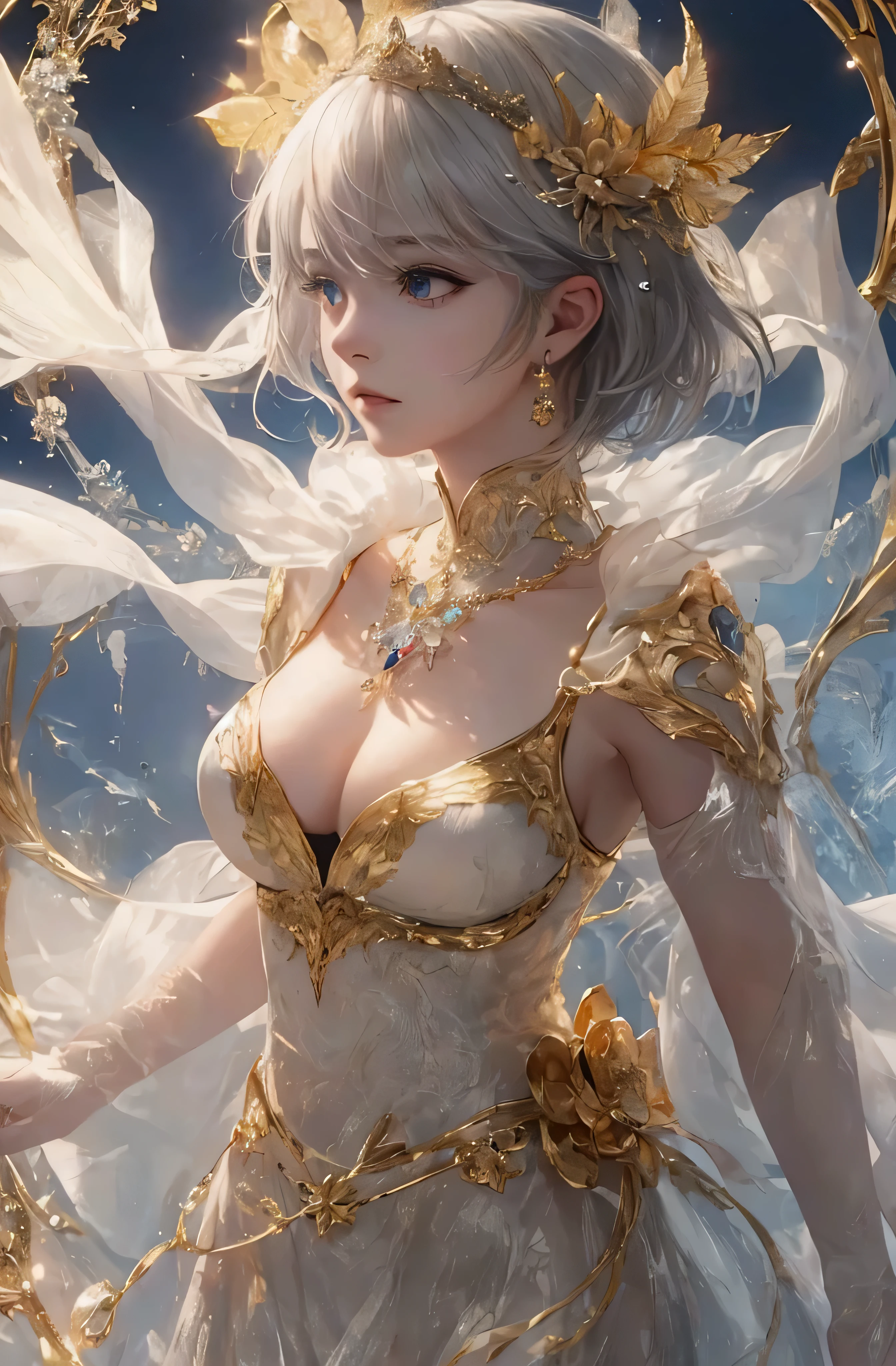The upper part of the body、The face is front、profile、8K、realphoto、超A high resolution, Master Parts, Best Quality, nffsw , cinematic images,Lovely girl、ann、16 only、annグロサクソン、二重まぶた、drooing eyes、Very big eyes、Eyes purple、Dark eye shadow、The lips are very thin、The tip of the nose stretches beautifully........................................、the tip of the nose is small,,,,, ighly detailed , Silver hair、Straight short hair、ssmile、 Sweet look 、a very beautiful woman、legs are long、 Very clear shadows , jewely , A sexy , A detailed eye, very intricate, shiny skins , パーフェクトブリリannト, Perfect Lighting, Dramatic shadows、White tiara on head、Gold necklace around the neck、White aristocratic dress with gold embroidery、