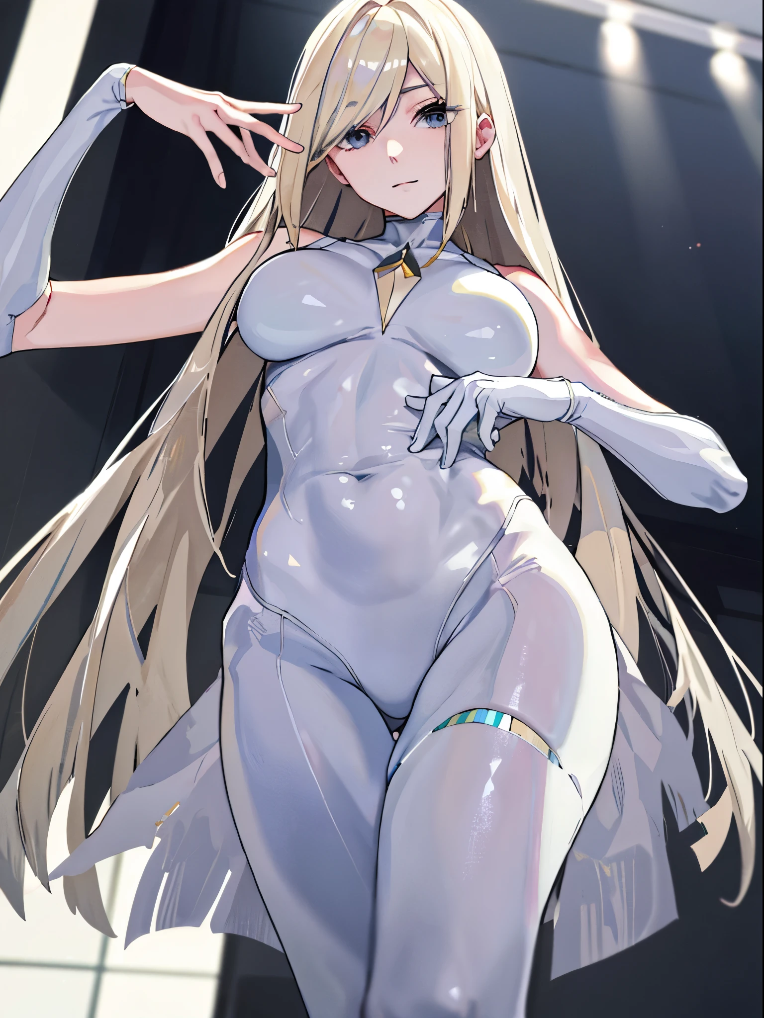 top-quality、realistic touch,high-detail、photoRealstic、thin-waist、captive beauty、solid platinum-blonde eyelashes、platinum-blonde、full body Esbian、cheeks flushed、thin-waist、In a white room、She is in estrus、Sleeveless、Bodysuit with minimal fabric area、Colossal tits、big butts、Angle from below、 pose、