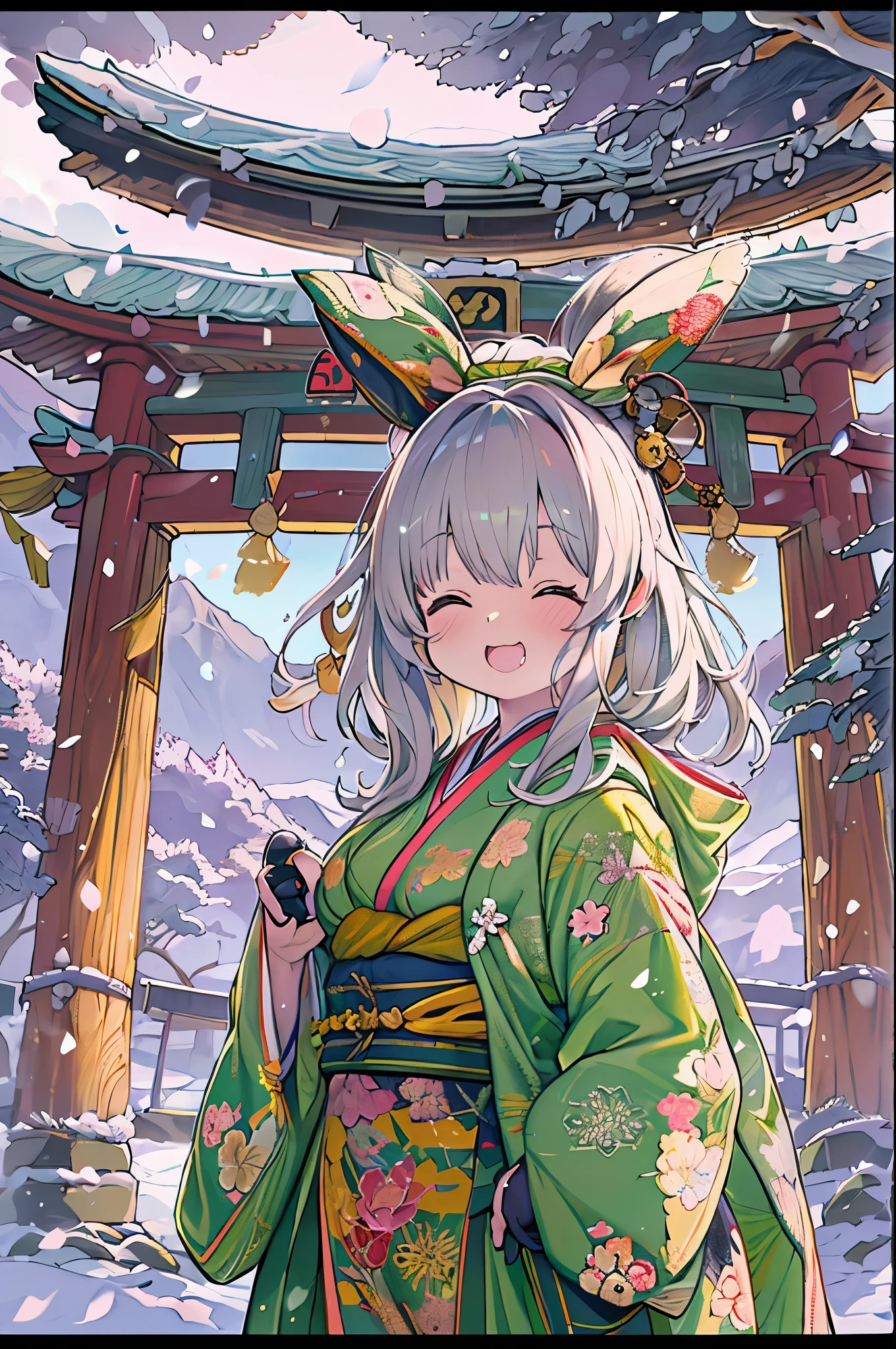 huge-breasted、kawaii、(Sunny Clothes)、torii gate,((Oblique angle))、{{close up to face}}、one eye closed、winking、A big smile、bbw、thick thight、big butts、Ultramammy, Winter days, Anime Background Art, japanese art style, beautiful anime scene,detailed scenery - width 672, Background art, Anime landscapes, Anime Background, Beautiful anime scenery, Beautiful peace scenes in anime, landscape artwork, Japan Village, Anime landscapesコンセプトアート, 8K))、New Year’s Day、1 moon