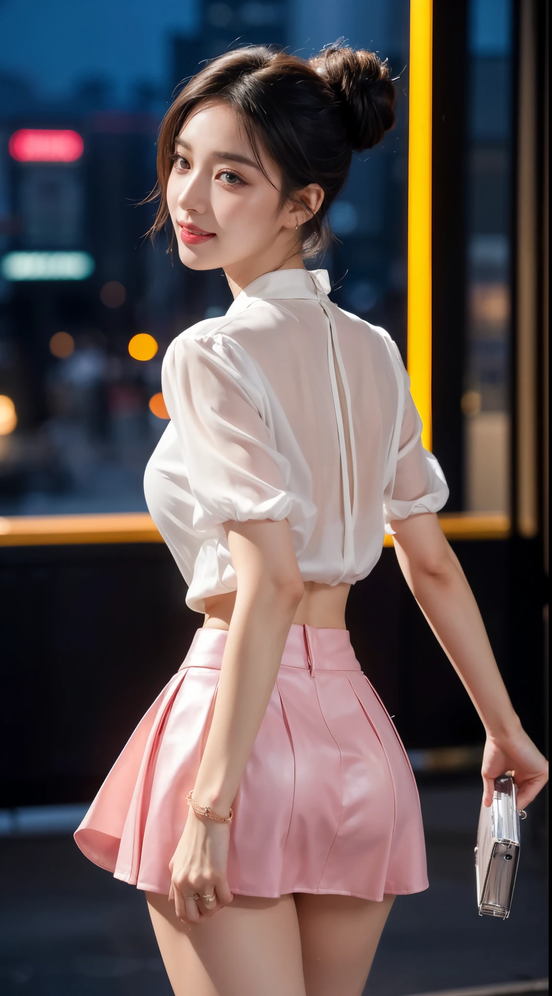 8k, masterpiece, RAW photo, best quality, photorealistic, extremely detailed CG unity 8k wallpaper, Depth of field, Cinematic Light, Lens Flare, Ray tracing, (extremely beautiful face, beautiful lips, beautiful eyes), intricate detail face, ((ultra detailed skin)) 1girl, in the dark, deep shadow, pretty korean girl, kpop idol,(very slim slender fit-muscled body:1.3), ((looking at viewer)),(big smile:1.3), (night, (neon sign), (blurry background), big buildings, midnight,pretty girl, white diamond earrings, bracelets, necklace, clear eyes, walking , front shot, (pale skin), face forward, (big eyes), full body shot, ((see through blouse)), (hot pink color blouse)), ((laced skirt)), (looking at viewer:1.3), very slim, medium breasts, Hermes bag, tight mini skirt, updo hair, short hair, medium butts, thick thighs, full shot, high heels, long legs
